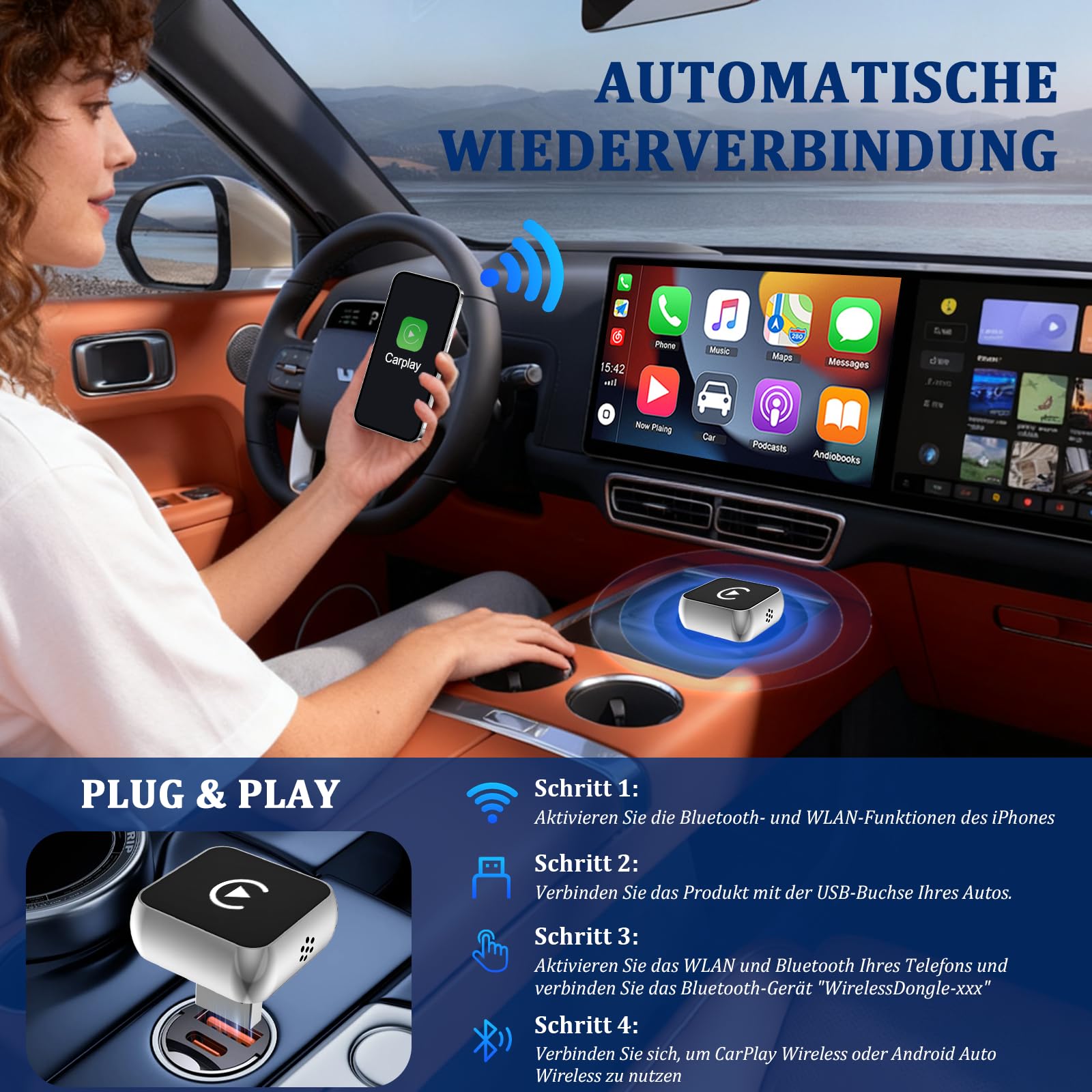 2 in 1 Carplay Wireless Adapter & Android Auto Adapter,USB-A/Typ-C Wired Auf Wireless Kompatibel Mit Für iPhone IOS 10+ e Android 11+,Schnelle Verbindung, Keine Verzögerun, Auto-Wiederverbindun