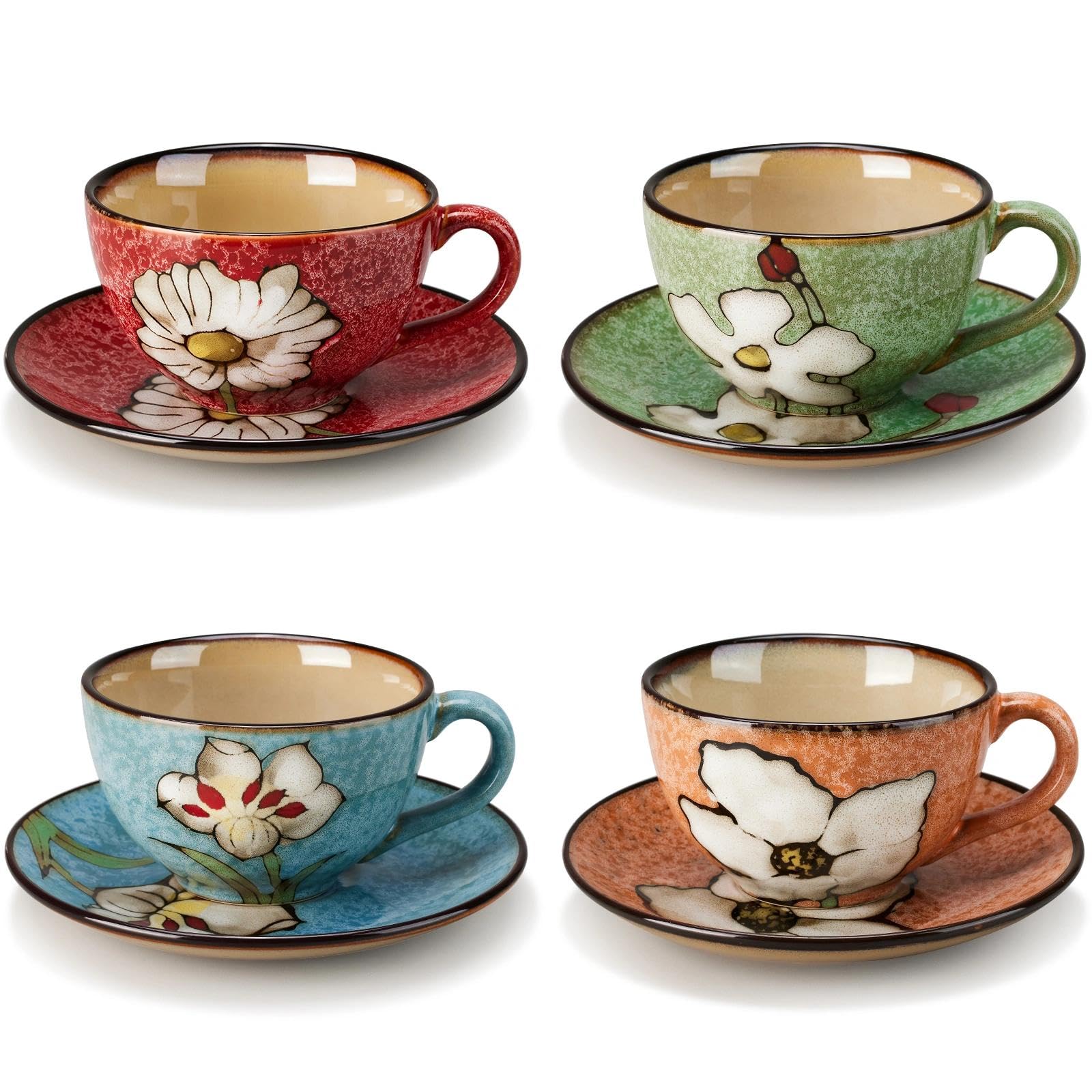 Cappuccino-Tassen mit Untertassen, 237 ml, Keramik-Kaffeetassen, Latte Espressotassen mit Blumendesign, buntes Kaffeetassen-Set für Cappuccino, Latte, Mokka (4 Farben)