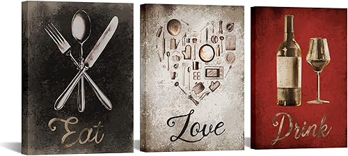 iKNOW FOTO Juego de arte de pared en lienzo de 3 piezas con texto en inglés "Eat, Drink, Love", impresiones inspiradoras con citas para cocina,