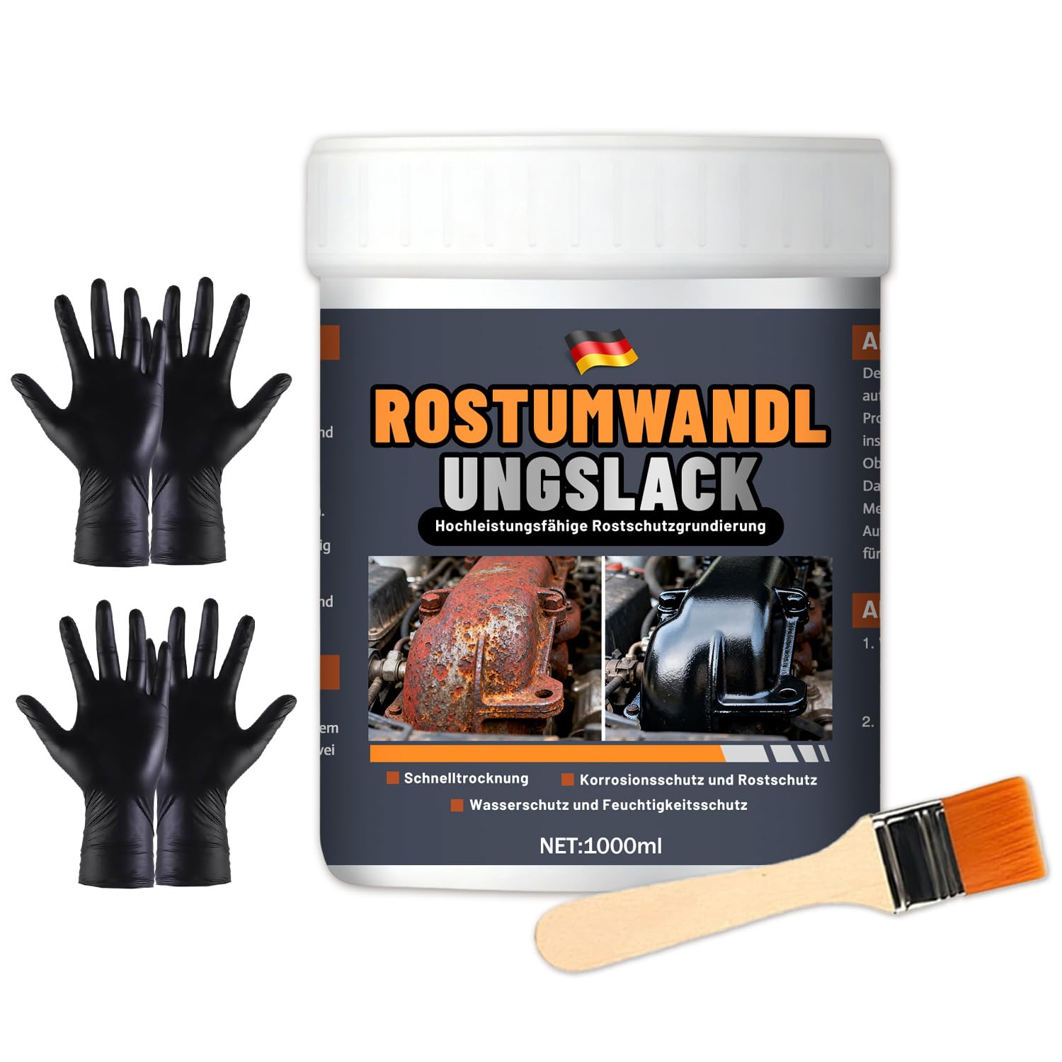 SFNN 2-in-1 Rostumwandler & Metall Grundierung, Schwarz Metallschutzlack mit Pinsel & 2 Paar Handschuhen, Rostschutz Farbe für Metall, Auto Rostentferner & Versiegelung, Hitzebeständig (1000ml)