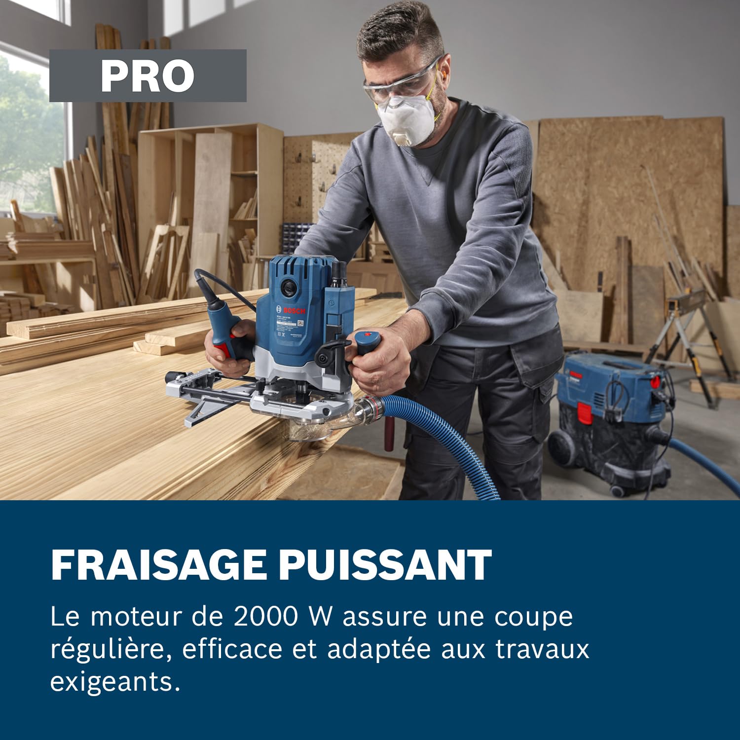 Bosch Professional défonceuse filaire GOF 20-12 (puissance d’entrée 2 000 W, avec raccord d’aspiration, guide coulissant et butée parallèle, broche de centrage, clé à douille, pince de serrage)