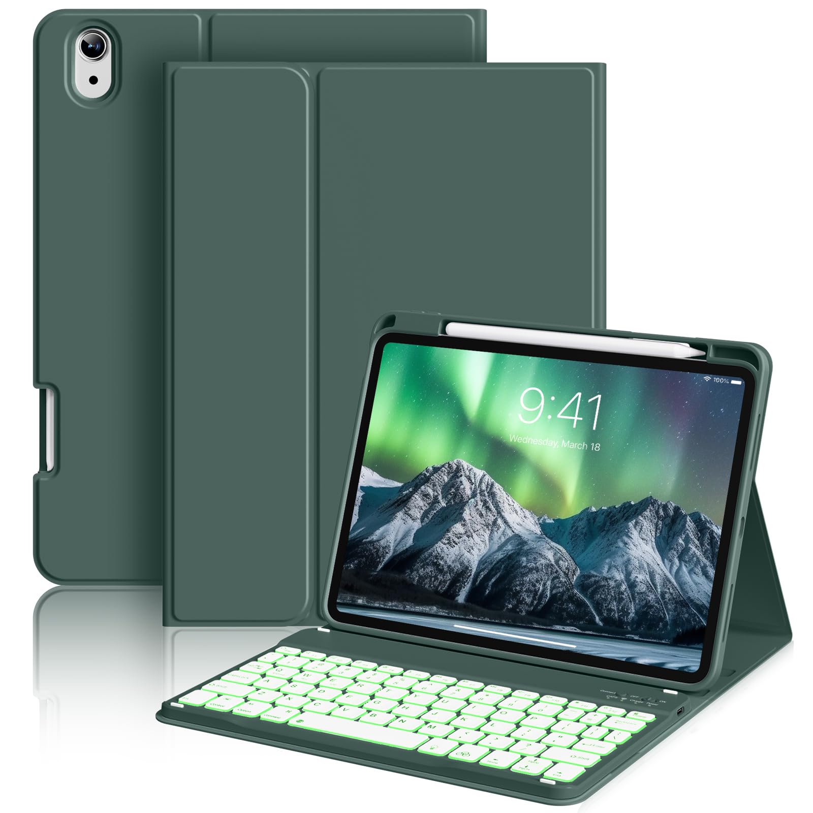 aoub Keyboard Case for iPad 11th (A16) / 10th Generation 11/10.9 Inch 2025/2022 with Pencil Holder - 7 Colors Backlit, Wireless Detachable Folio Keyboard Soft TPU Back Cover - Dark Green