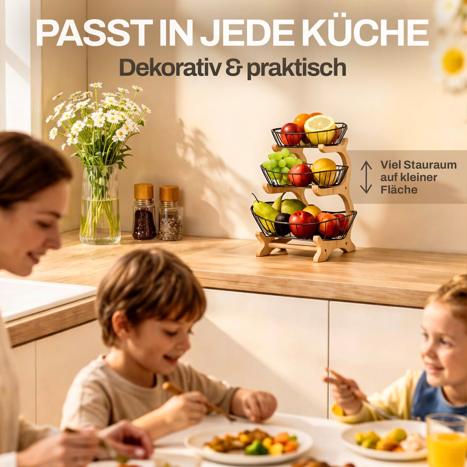 Obstkorb Etagere 3 Etagen aus Holz – Design Obstschale für die Küche, Schwarz