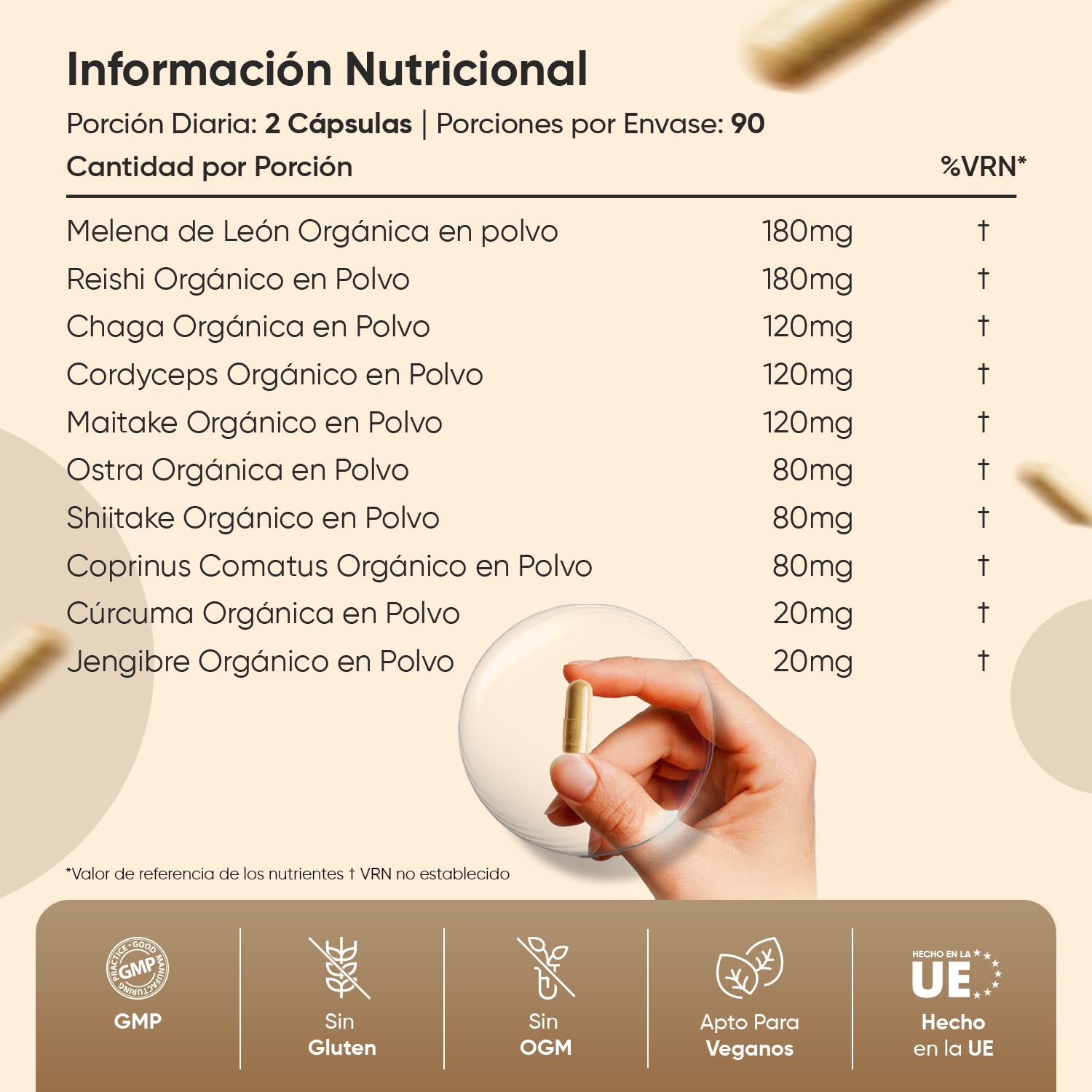 Hongos Complex Bio, 180 Cápsulas de 8 Setas y Hongos como Melena de León, Reishi, Shiitake, Maitake, Chaga y Cordyceps - Mushroom Complex Bio Enriquecido con Jengibre y Cúrcuma para 3 Meses