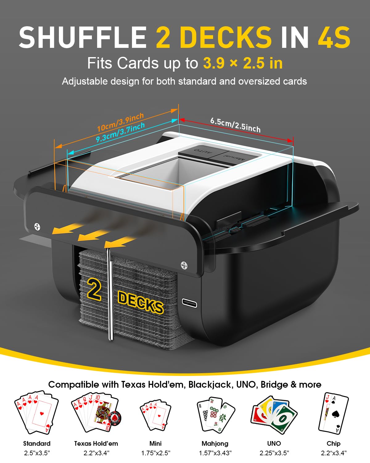 Automatic Card Shuffler Machine with Bag&Cards,Electric Card Shuffler Rechargeable for 1-2 Decks,Dual Modes Auto&Manual,Ultra Quiet USB-C Poker Shuffler for UNO,Blackjack,Bridge,Family Game Night