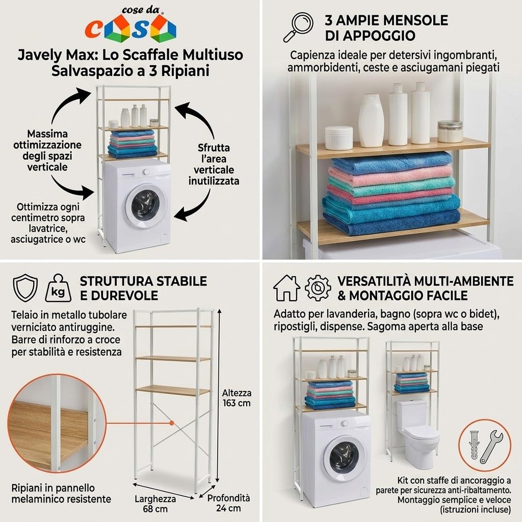 Scaffale Sopra Lavatrice Salvaspazio 3 Ripiani Mobile Bagno e Lavanderia