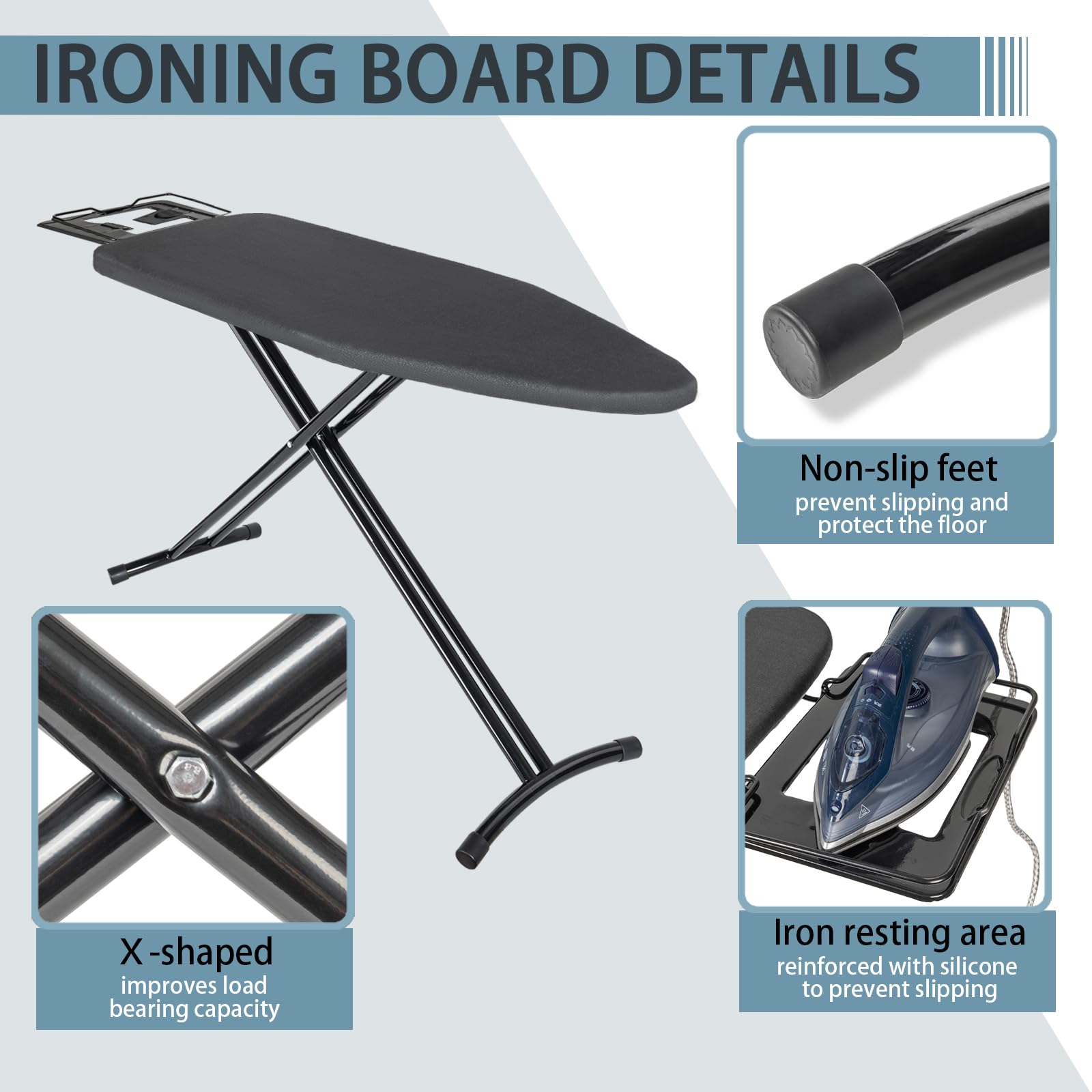 OUUTMEE Planche à Repasser 110x30 CM Pliable, Noir | Avec Repose-fer, Housse Résistante à Chaleur, Hauteur Réglable de 62 à 79CM, Pieds Antidérapants