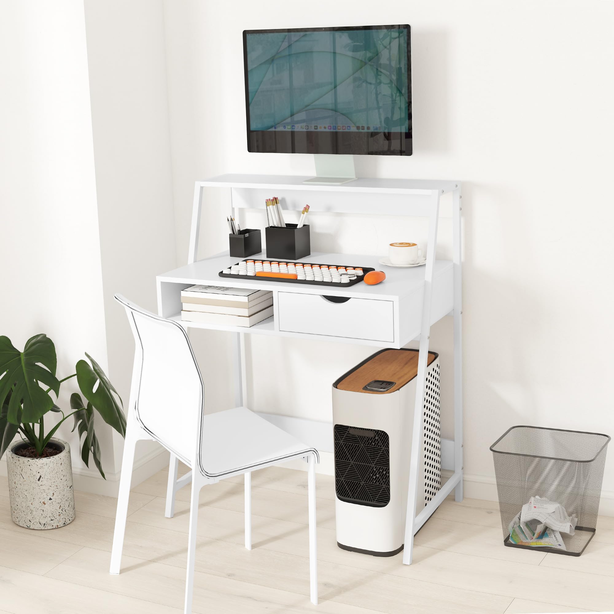 HOMCOM Sekretär-Schreibtisch, Computertisch, Retro-Stil, Schublade, Nische, Regal, Metall, Weiß