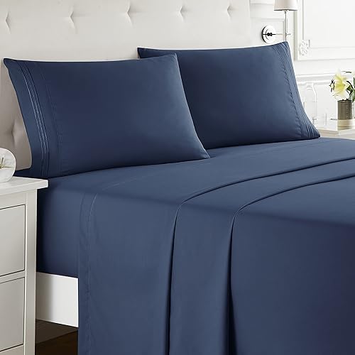 nestl RV Short Queen Sheets Set - 4 Piece Bed Sheets for RV Queen Size Bed, Double Brushed RV Size Sheets, Hotel Luxury Navy Blue Sheets, Extra Soft Bedding Sheets & Pillowcases