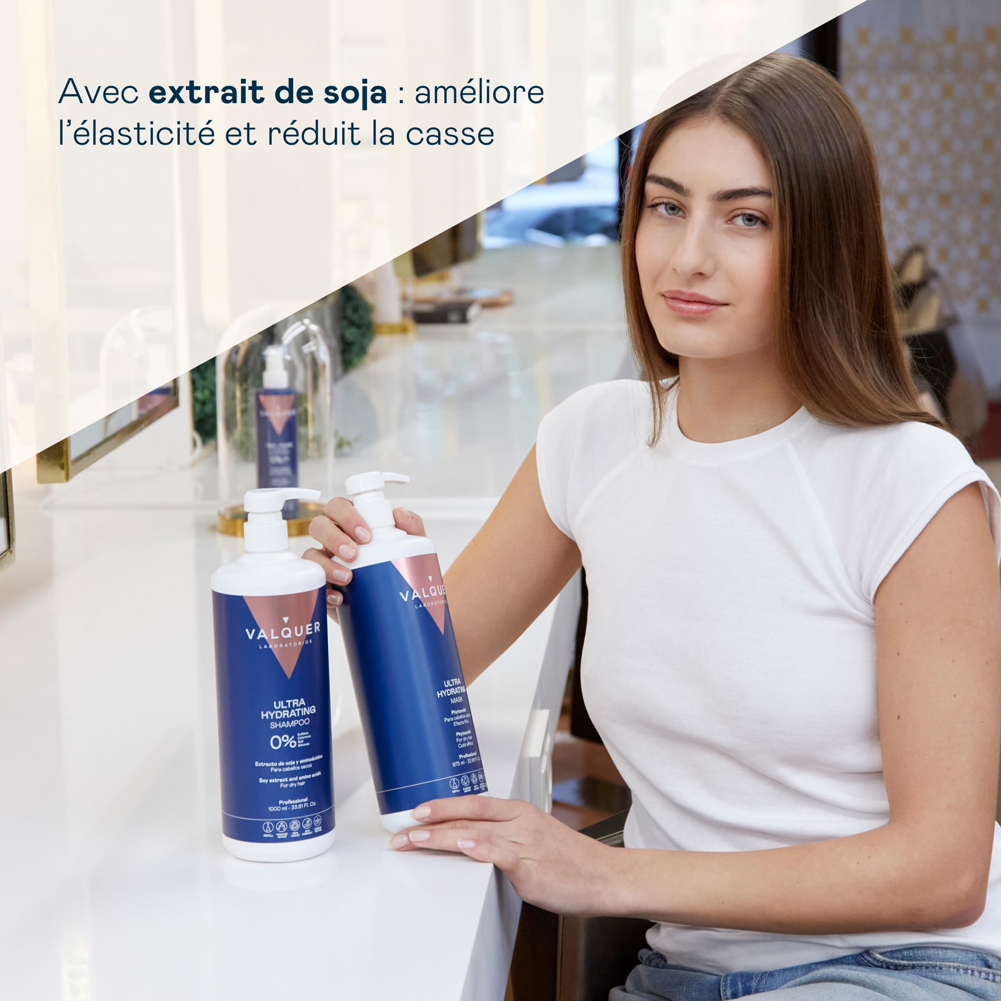 VALQUER Coffret Hydratation Intense Sans Sulfates | Shampooing 1 L et Masque 975 ml | Répare les Cheveux Secs et Abîmés | À l’Extrait de Soja | Vegan | Répare les cheveux abîmés et secs - Apporte brillance et souplesse à l'extrait de soja - Végétalien