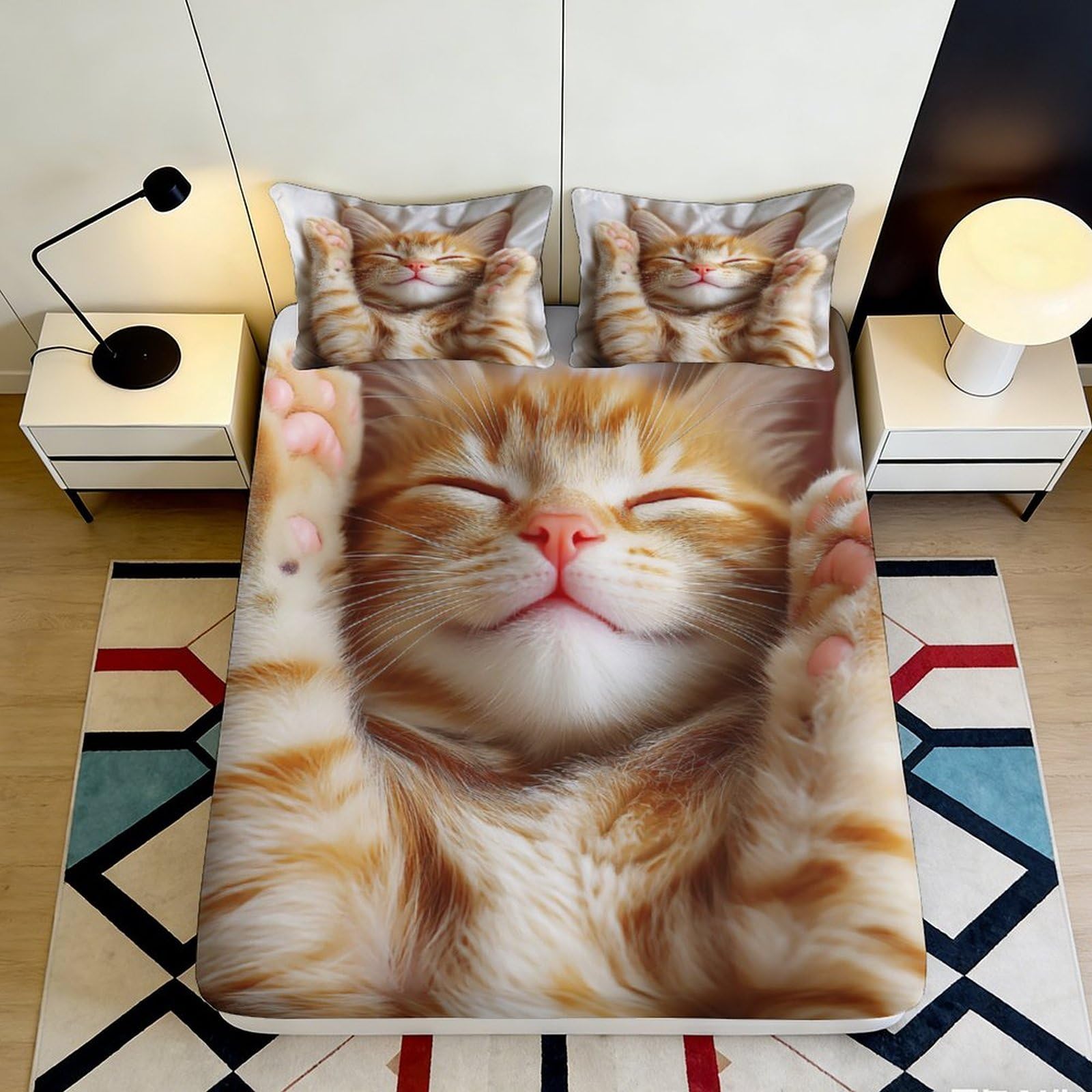 3D Printed Ginger Cat Fitted Sheet Microfiber Soft Bedroom Decor Cute Kitten Bed Cover Anti-Slip Machine Washable 90x200x25cm