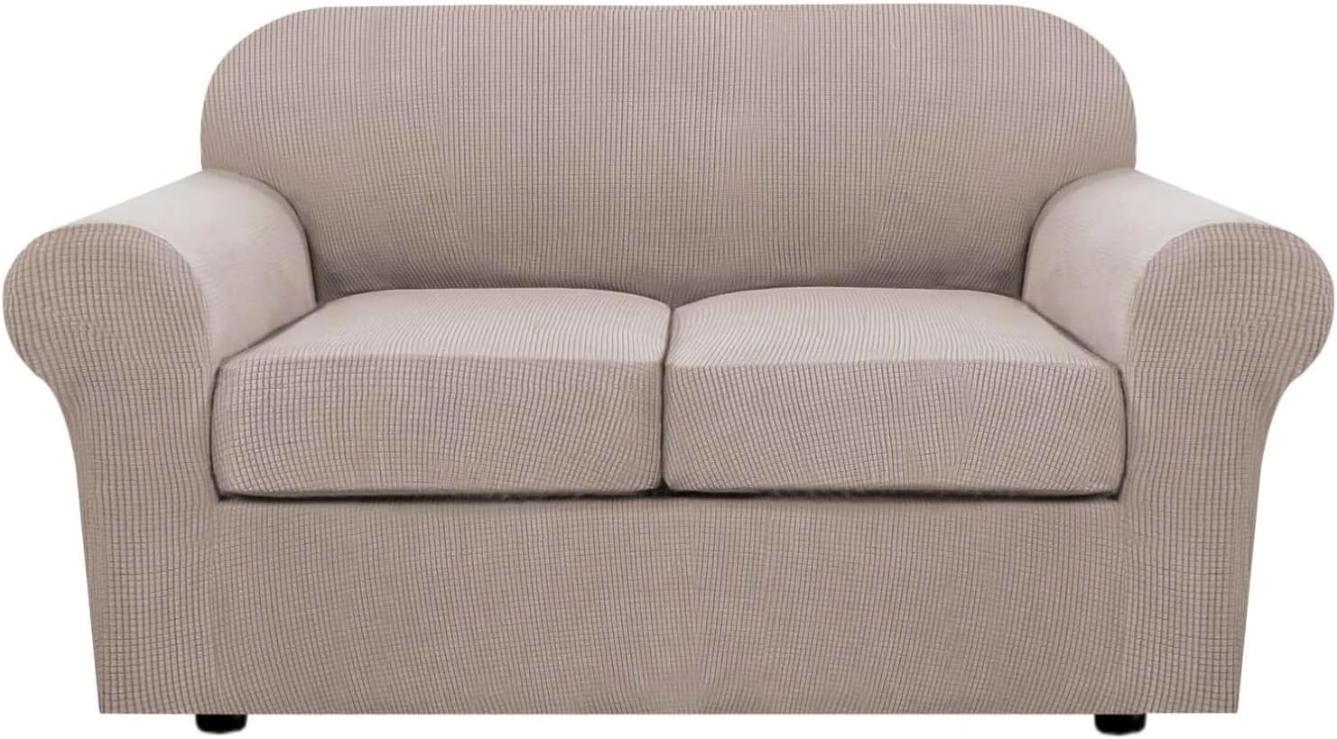 3 Piece Stretch Sofa Covers for 2 Cushion Loveseat Couch Covers for Living Room Furniture Cover (Base Cover Plus 2 Seat Cushion Covers) Thicker Jacquard Fabric(Medium Sofa, Sand)