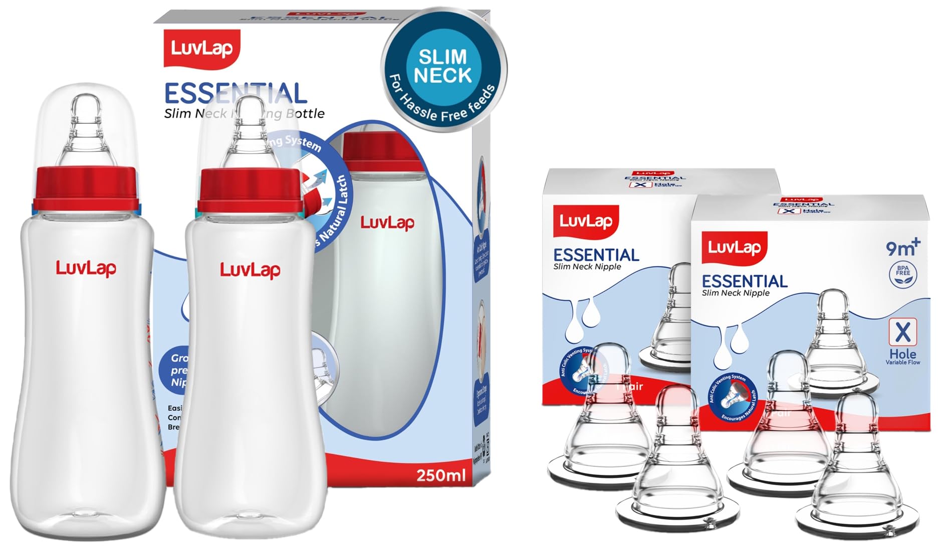 LuvLap Anti-Colic Slim/Regular Neck Essential Baby Feeding Bottle, 250ml (Pack of 2), New Born /,LuvLap Anti-Colic Essential Teat/Nipple for Slim Neck Bottle,4Pcs Variable Flow, 9M+, Made of Soft-image-28