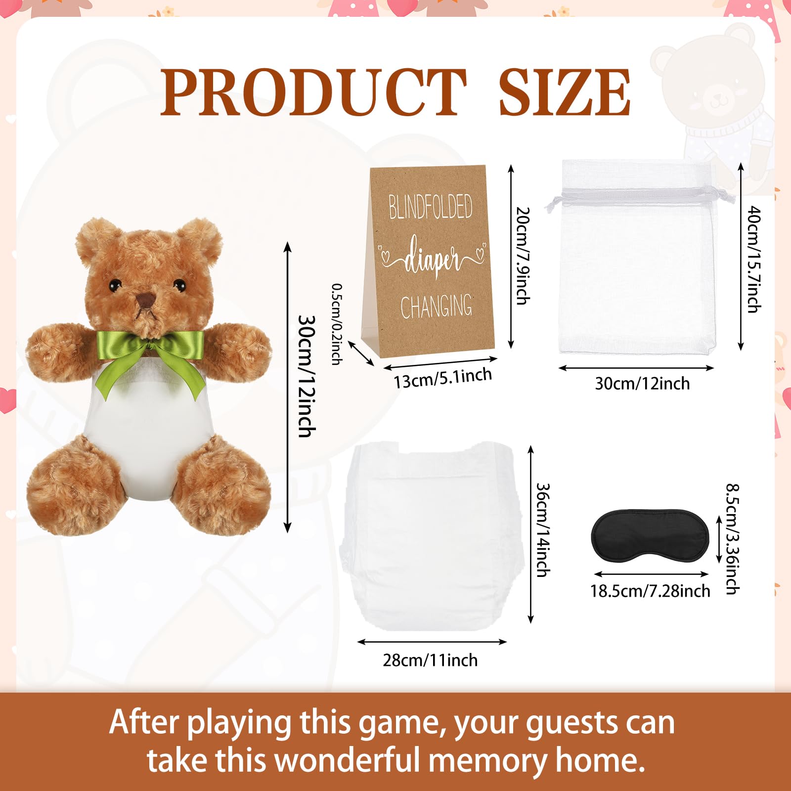 Chicingyou Juego de 8 juegos para cambiar pañales con los ojos vendados con los ojos vendados, 8 pañales de felpa de oso, 8 bolsas de regalo para baby shower, revelación de género, juego de fiesta de