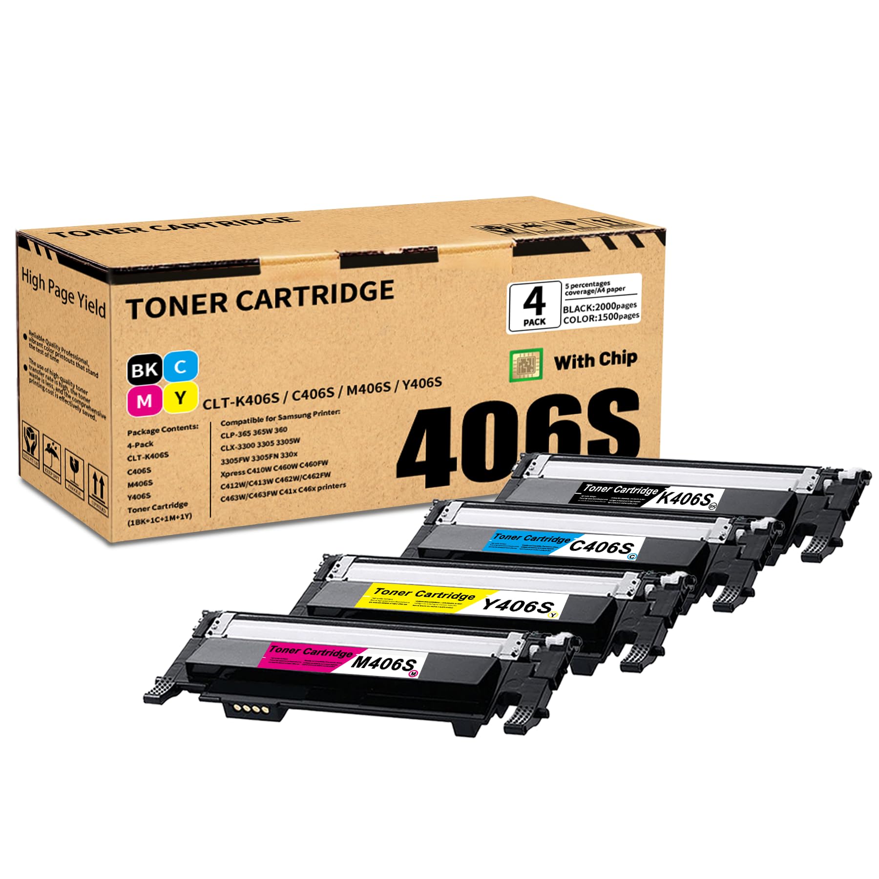 IGUGNIK 4 Pack BK/C/M/Y CLT-K406S C406S M406S Y406S Toner Cartridge, Compatible for Samsung CLP-365 365W 360 Xpress C410W Printer
