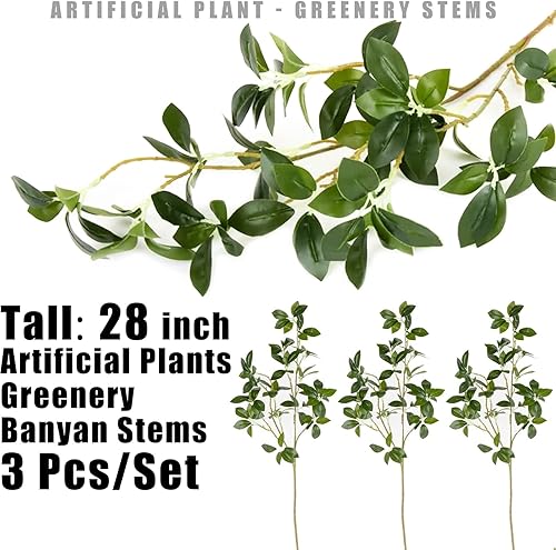 Miniatura 6 de Tuxiaobu Plantas artificiales de 28 pulgadas, tallos de banyan verdes, ramitas de ficus falsas, tallos largos para bodas, fiestas, arreglos