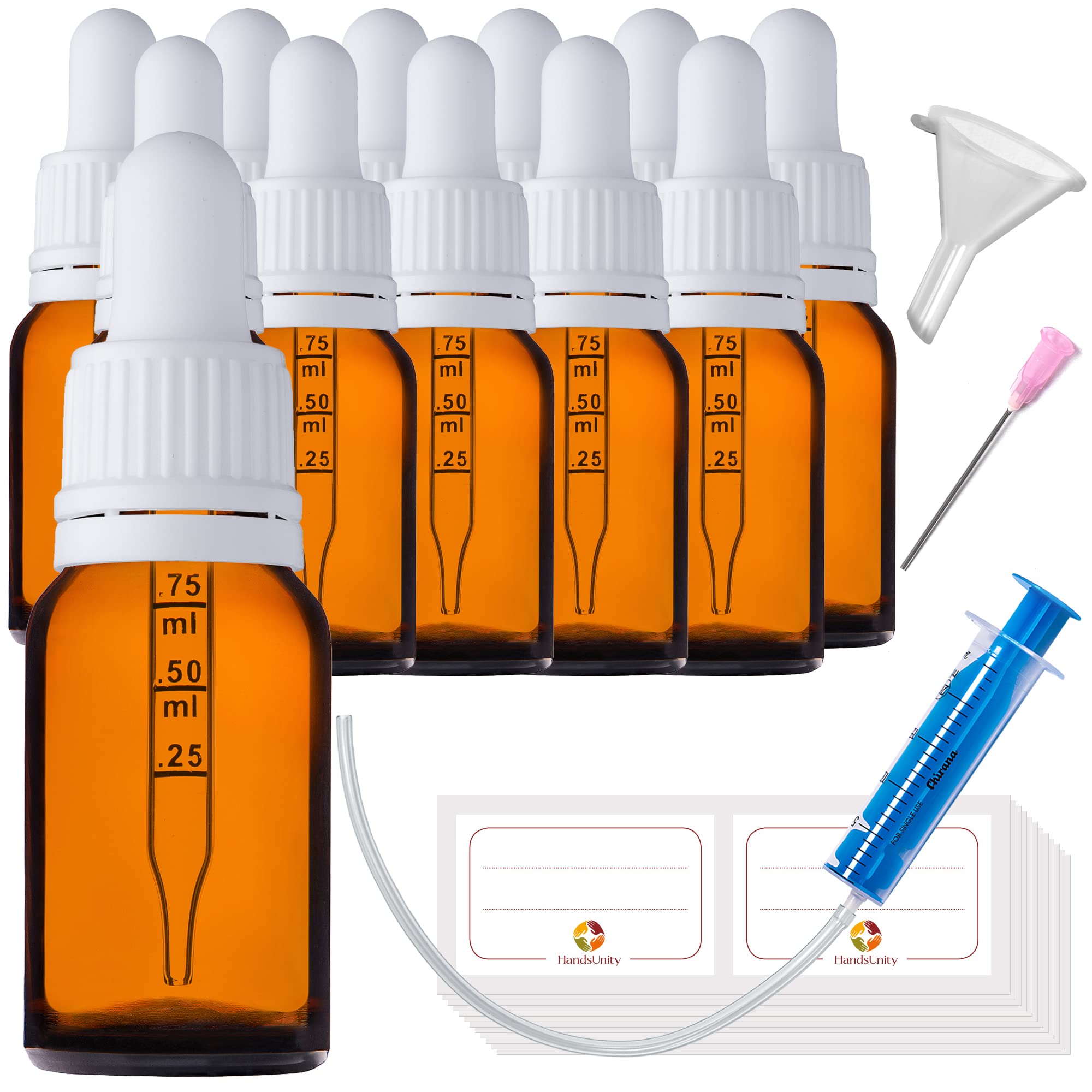 12 Flacons Compte-gouttes En Verre Ambré HandsUnity 30ml - Avec Pipette Et Accessoires Pour Huiles Essentielles