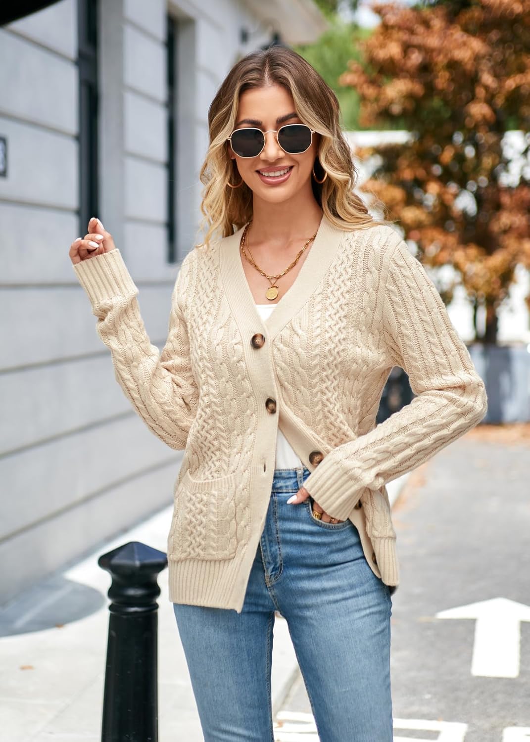 Womens Cardigan Sweaters Cable Knit Sweater 2025 Fall Winter Chunky Open Front Button Down Coats with Pockets - Image 4