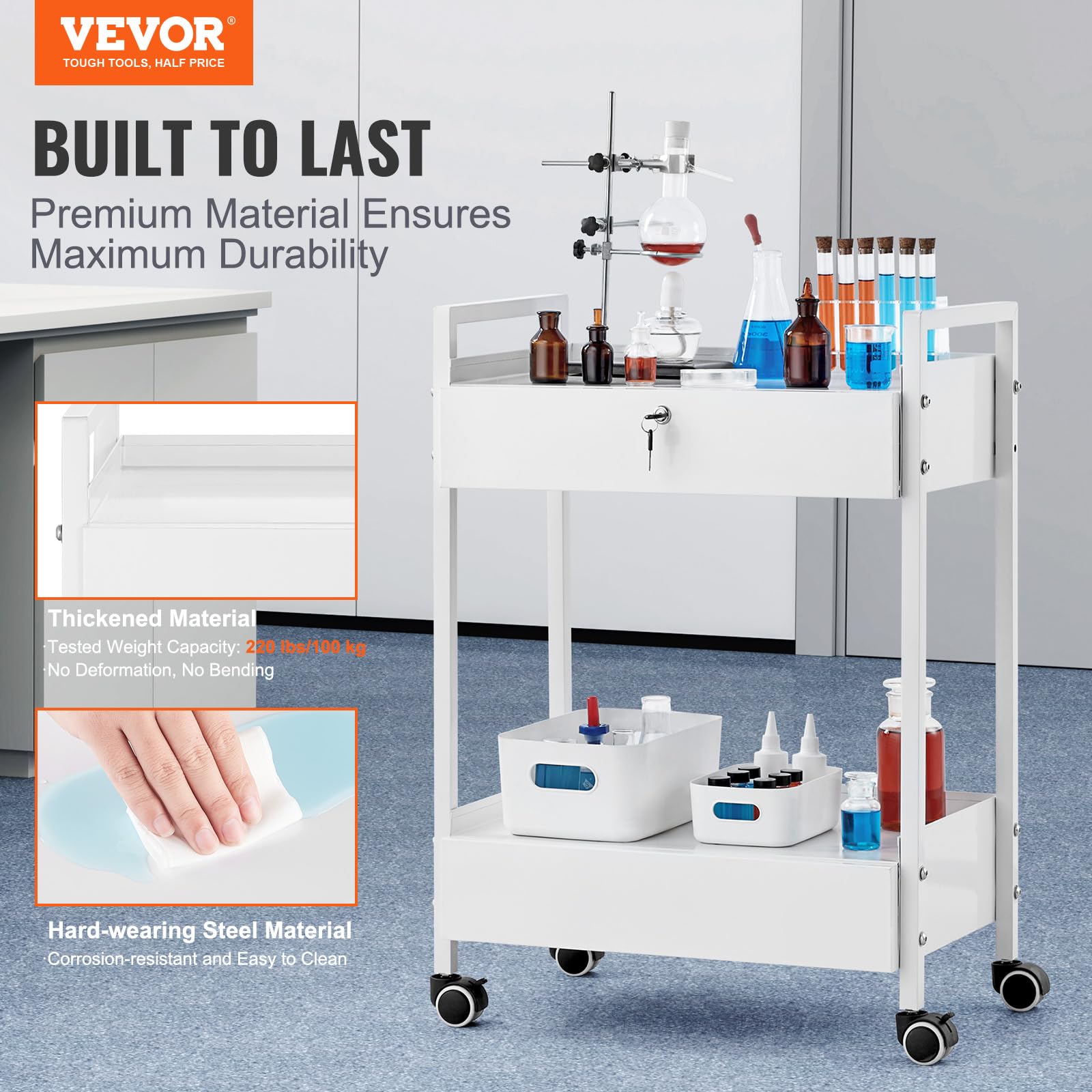 VEVOR Carrello da laboratorio in acciaio inox a 2 livelli con 2 cassetti e rotelle girevoli