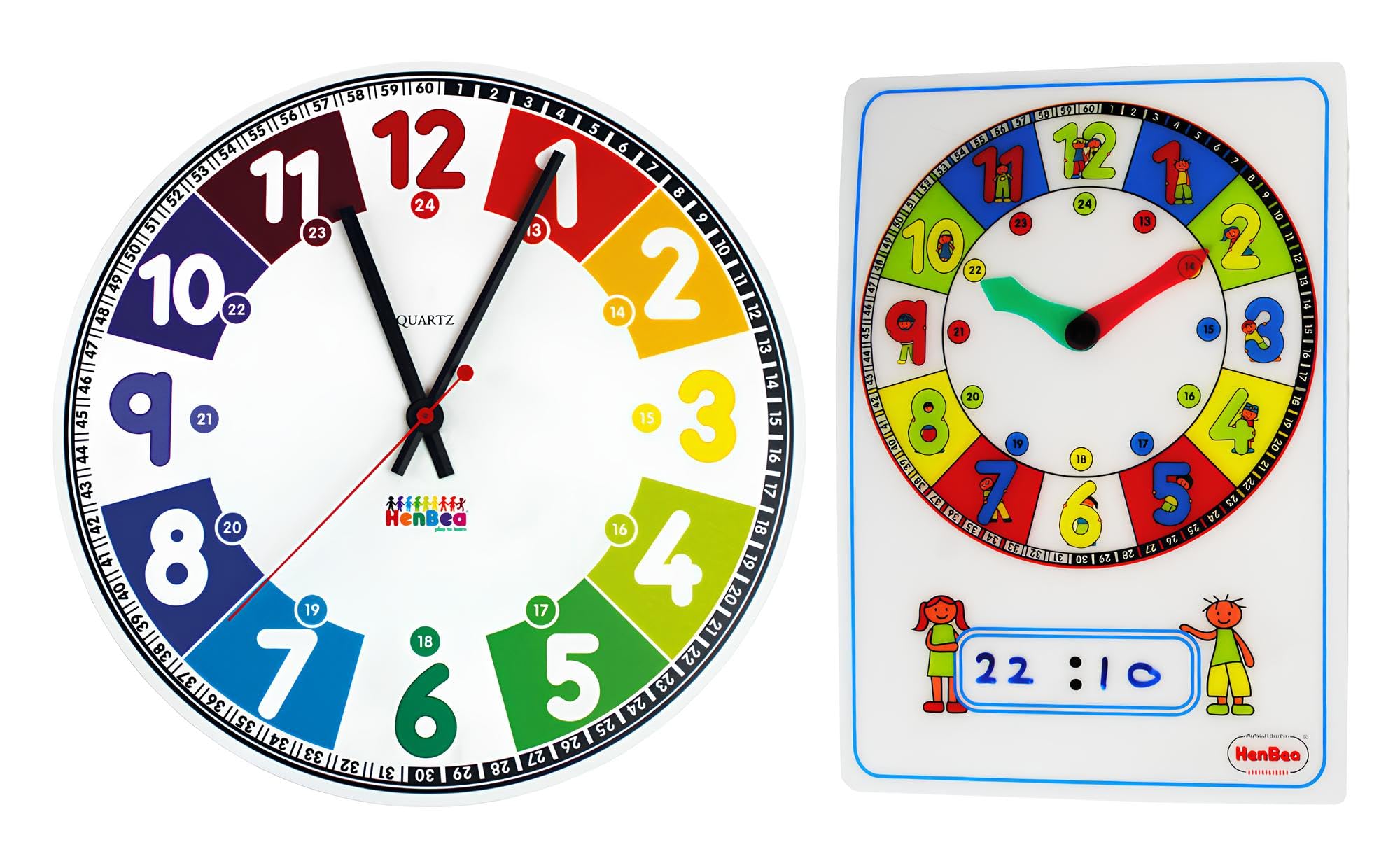 Henbea Set Didáctico Infantil Reloj Pared Silencioso Colorido 30cm + Tablero Lavable Aprender Hora Digital Formato 24h - Ideal Niños Escuelas Profesores Aprendizaje Hora Decoración Habitaciones