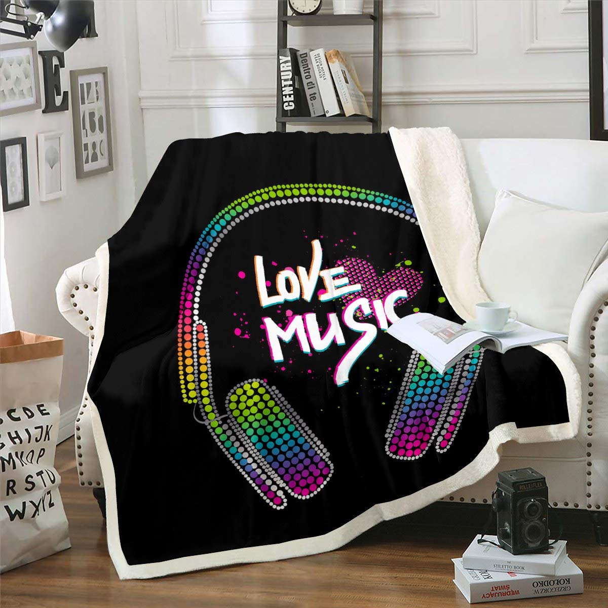 Loussiesd Music Blanket Kids Boys Teens Colorful Headphones Print Fleece Blankets Rock Music Theme Blankets and Throws Stylish Hipster Sherpa Blanket,Plush Blankets Double 60"x79"
