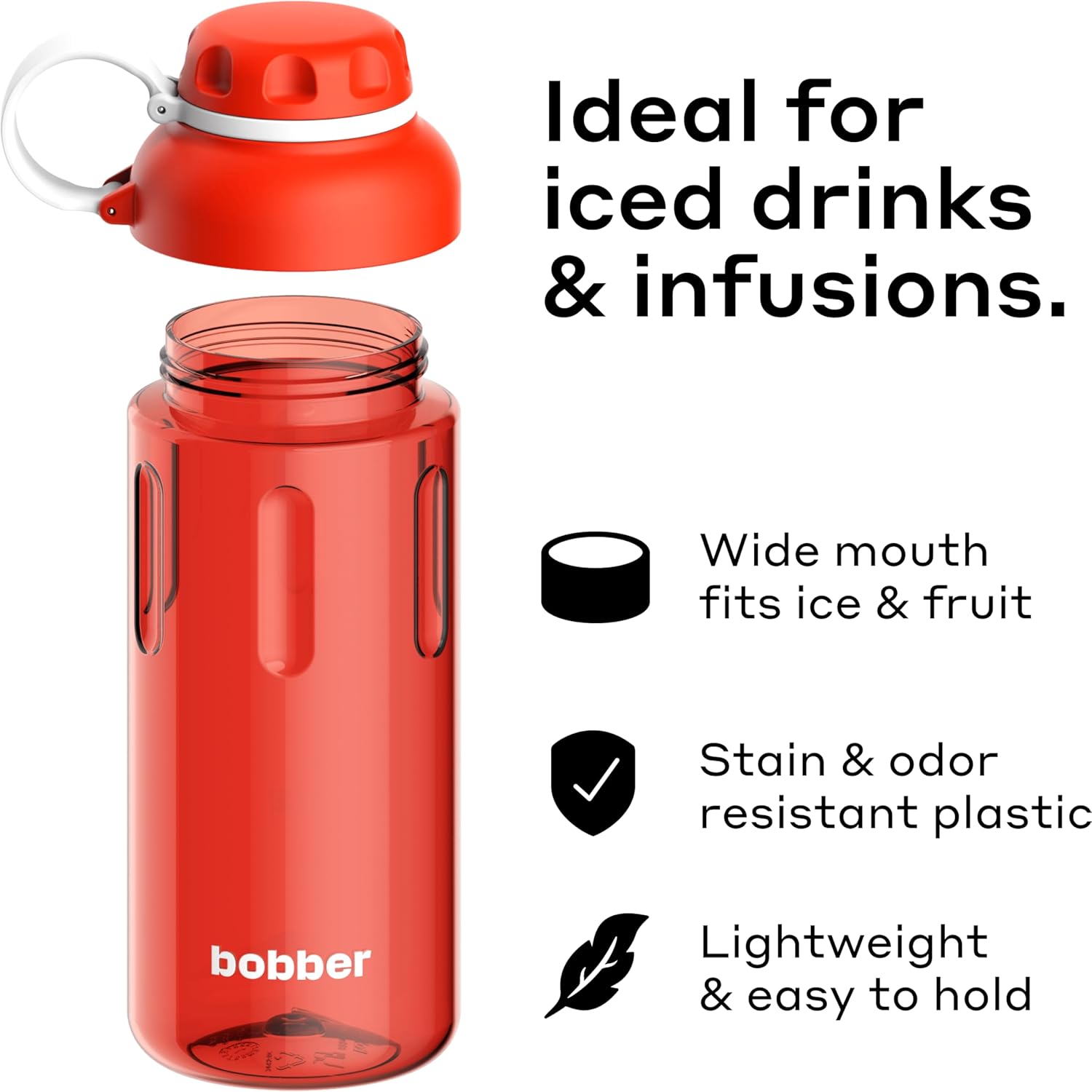 BOBBER 30 oz Tritan Water Bottle with Strainer for Fruit & Ice, Premium Quality — BPA Free, Dishwasher Safe & Leak Proof, Reusable Wide Mouth Plastic Water Bottle — Large, Refillable, Light (Red) - Image 2