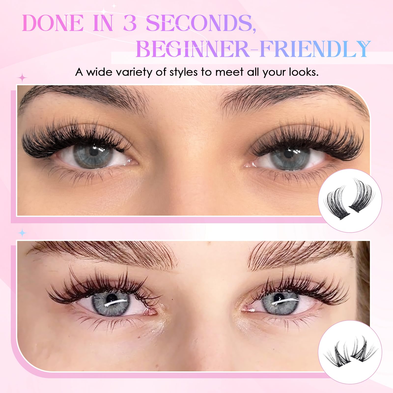 INPING Samoprzylepne rzęsy, 2 style Press on Lashes Fluffy Spiky Wispy Pre Glued Lashes Extension Set z pęsetą dla początkujących, przedłużenie rzęs w domu, "zrób to sam", bez kleju, 8-16 mm