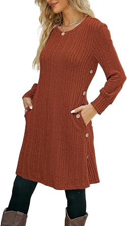 Kikibell Womens Knit Dress Long Sleeve Casual Crew Neck Tunic Dresses with Pockets Button Side Fall Winter Trendy Outfits