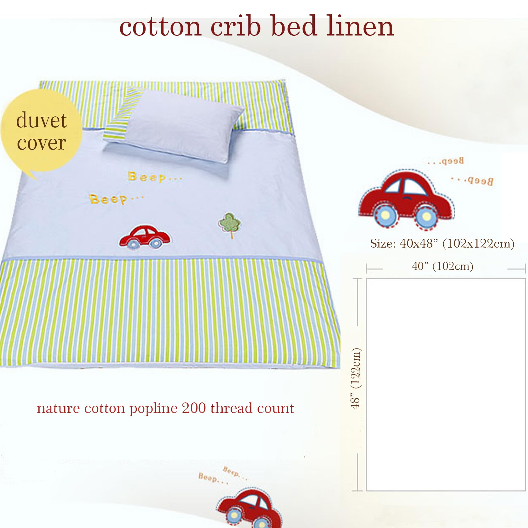 Parure de lit 2 pièces pour berceau de bébé, 100 % popeline de coton, housse de couette de 100 x 122 cm et taie d'oreiller de 30,5 x 45,7 cm, broderie douce pour bébé