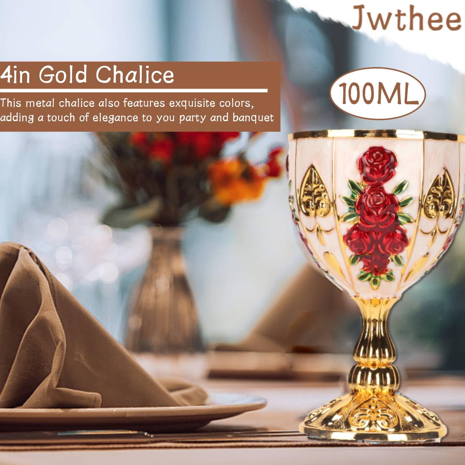 Jwthee Gold Goblet, Zinc Alloy Vintage Golden Wine Cups Retro Embossed Flower Pattern Elegant Pimp Cup Roman Chalice Cup for Party Banquet Bar (Golden White Red Flower)