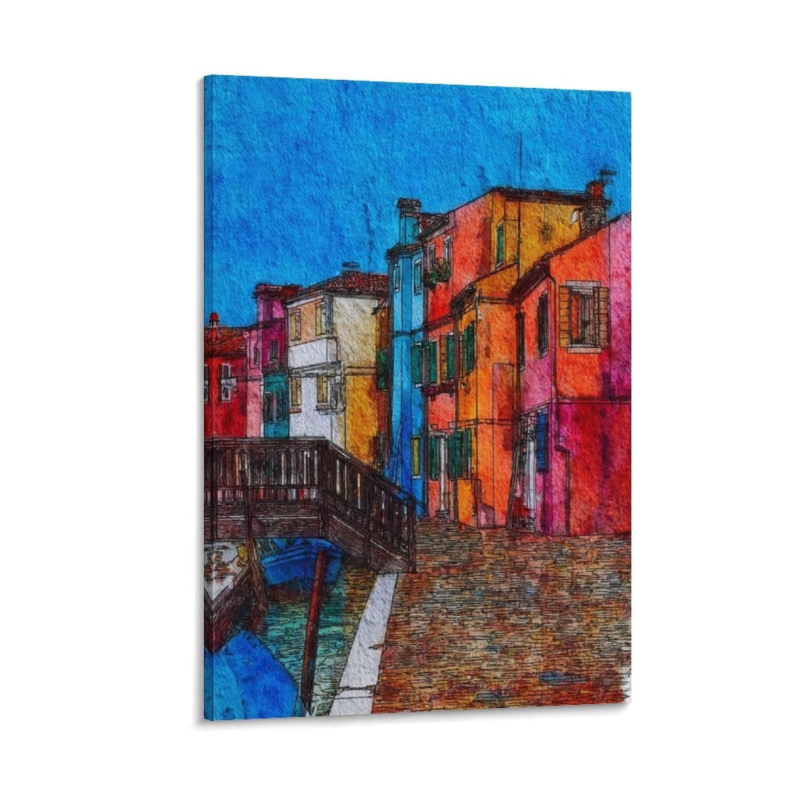 Lcynnh Frame-Style Burano Italy 08X12inch(20X30cm) Vintage Travel Poster Watercolor Canvas Art