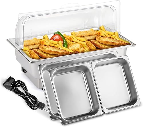 ROVSUN Juego de bufé eléctrico de acero inoxidable de 9 cuartos de galón, NSF con tapa enrollable para catering, calentador de alimentos con tamaño