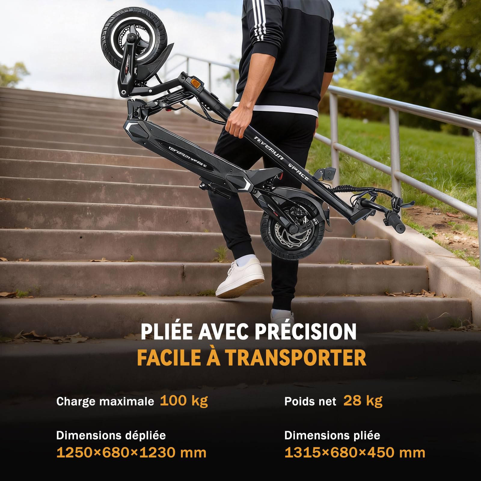 Teverun Space Lite Trottinette Électrique Adulte, 25km/h Max., Double Moteur de 500W, Double Suspension, Pneus Tubeless de 10", IPX6, Autonomie 60km, Trottinette Électrique avec Application