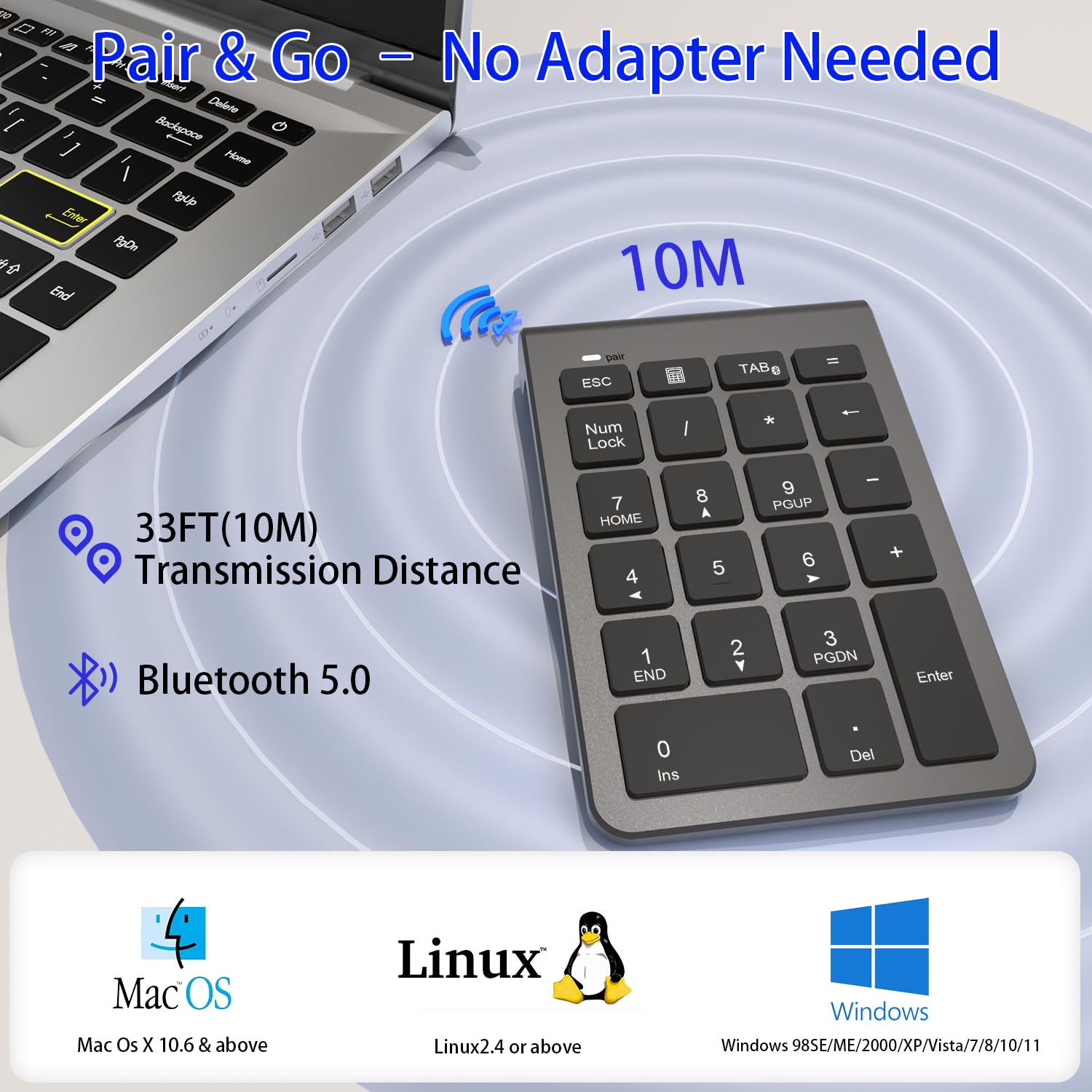 Bluetooth Nummernblock, Kabelloser Ziffernblock mit 22 Tasten（inkl-11 Multifunktionstasten） Leiser Numpad für Laptop/Desktop/MacBook/iPhone/iPad/Surface Pro(Windows/macOS/iOS/Android) – 10m Reichweite