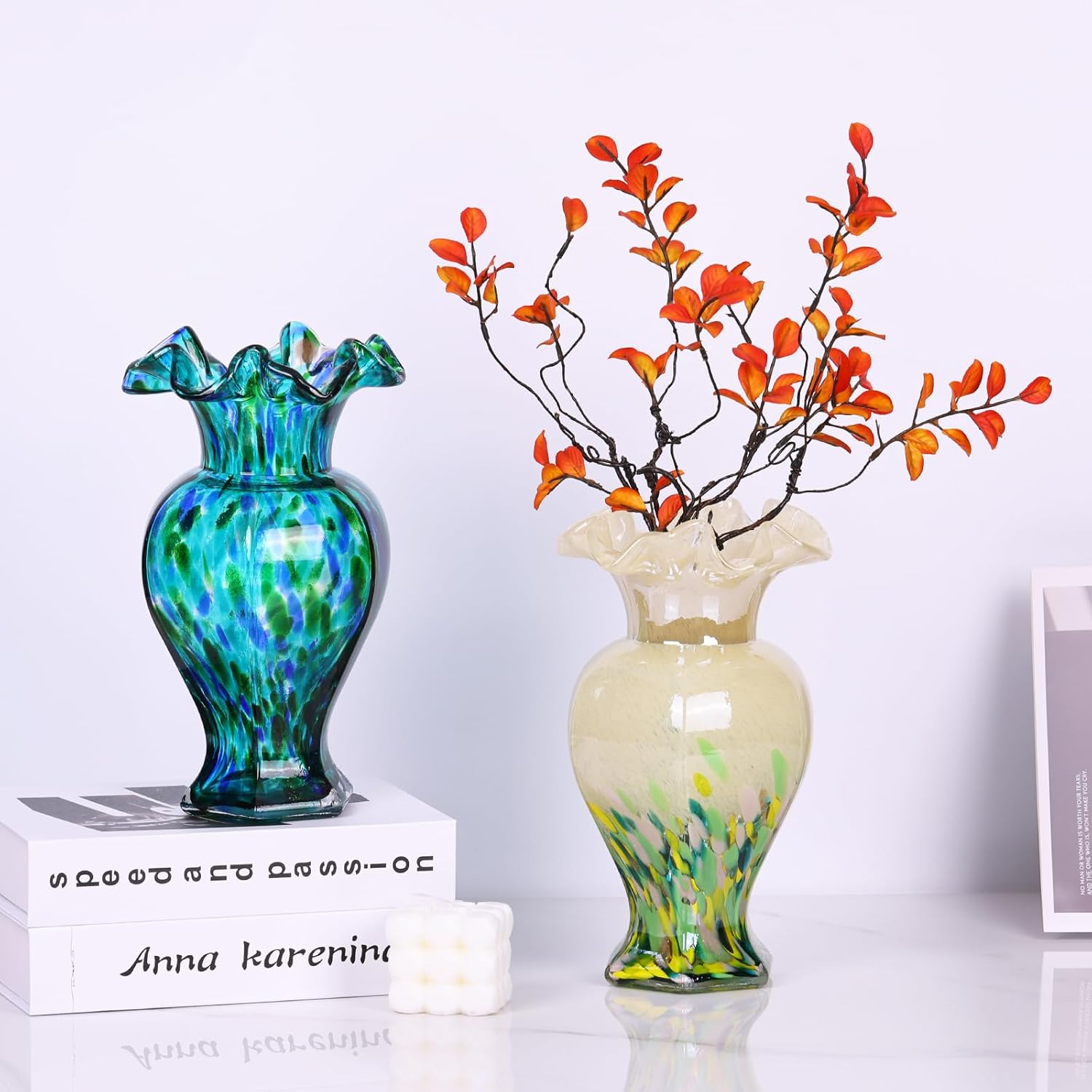 LCCCK 9.5" Tall Teal Blue Glass Vase Beautiful Hand Blown Glass Decor Flowers Vases for Centerpieces, Modern Murano Glassde Art Teal Vase, for Home Decor Table Entryway Wedding Decoration