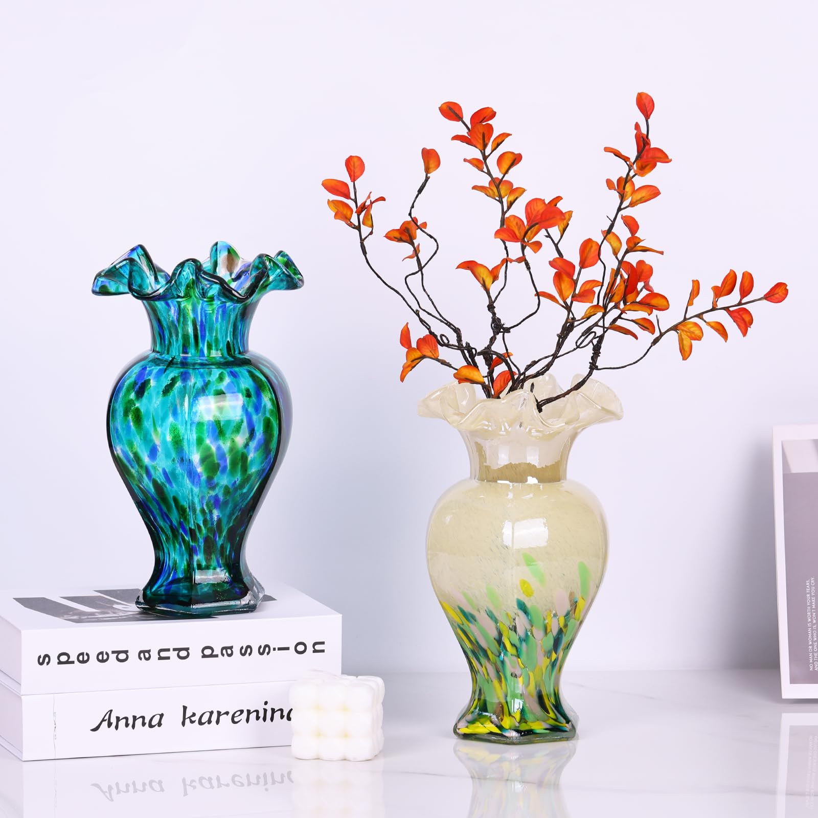 LCCCK Jarrón de Cristal Azul Turquesa de 9.5 Pulgadas de Alto, Hermoso jarrón de Flores de Vidrio soplado a Mano para centros de Mesa, Moderno jarrón de Cristal de Murano, para decoración del hogar