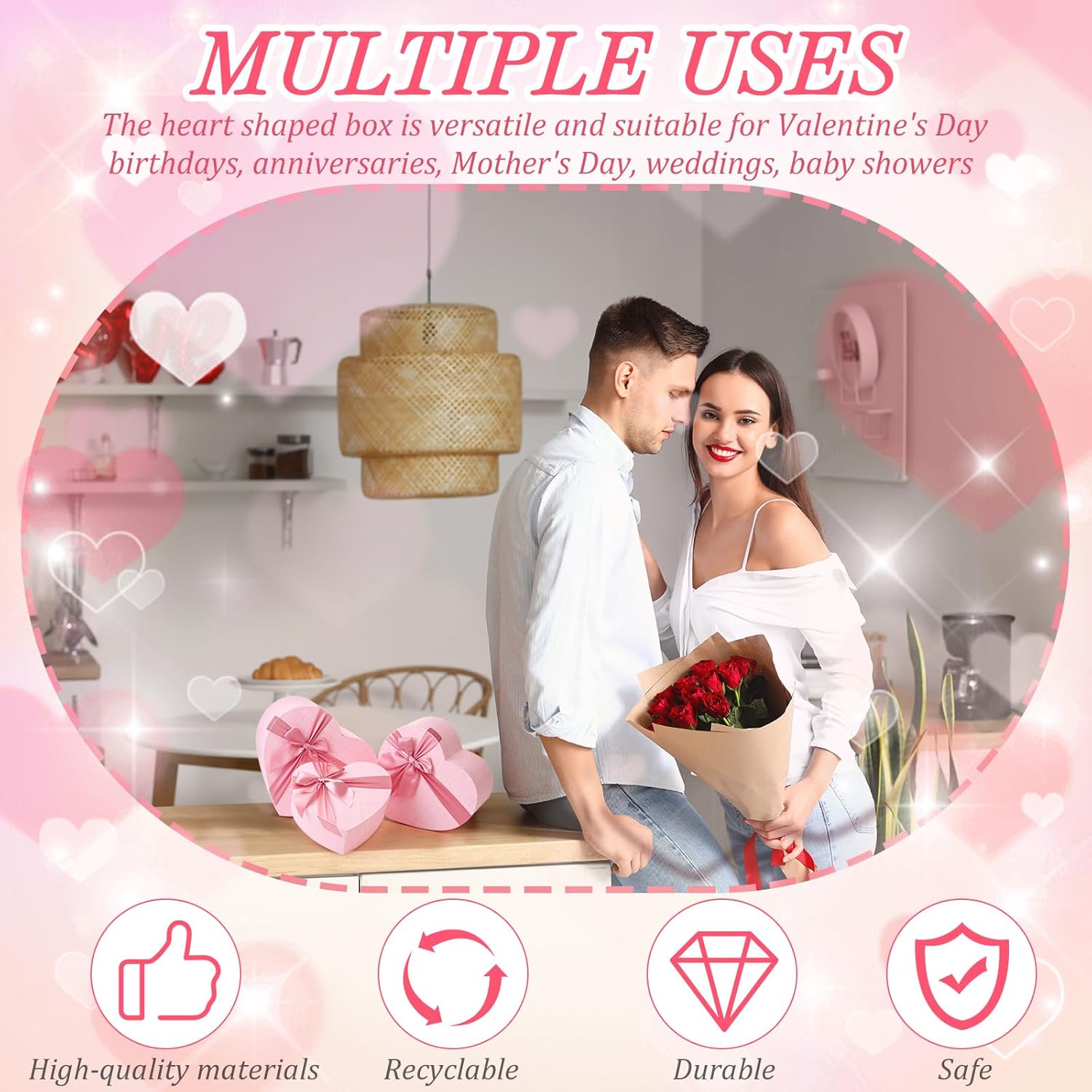 Zhanmai 3 Pcs Heart Shaped Gift Boxes Extra Large Pink White Valentine 3 Size Decorative Heart Boxes with Lid and Ribbon for Flower Arrangement Present Wrapping Mother's Day Wedding Anniversary(Pink) - Image 4