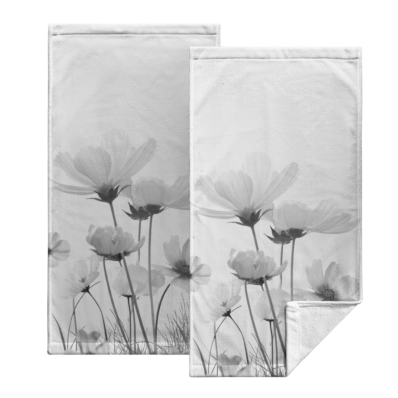 Kwlegh Gray Daisy Hand Towels for Bathroom Set of 2 Retro Black White Art Painting Vintage Floral Kitchen Towels Summer Grey Flower Soft Absorbent