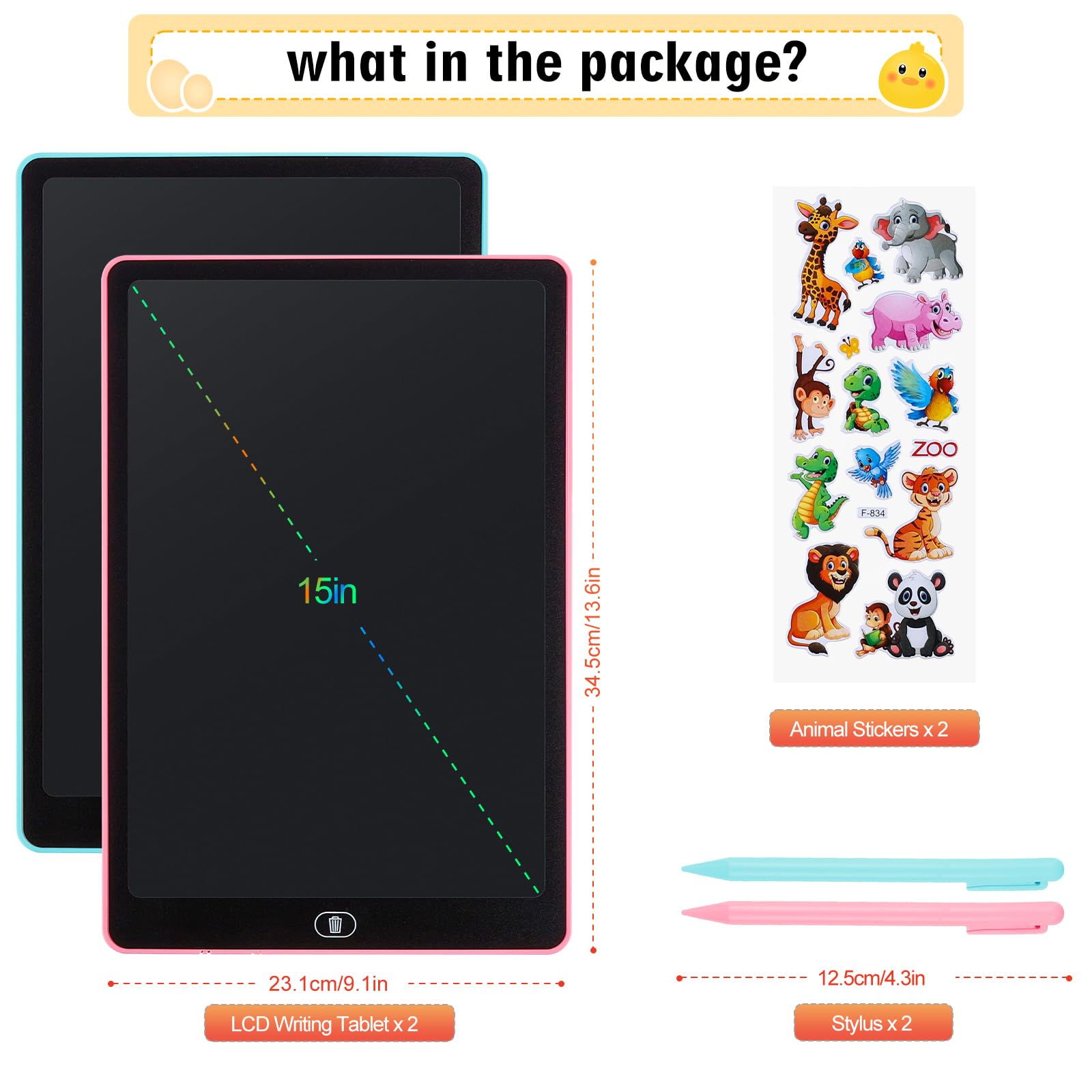 Tablette D'écriture LCD 16 Pouces Dessin Ecran Coloré Effaçable Autocollants Animaux Garçons Filles 3-6 Ans Bleu Rose