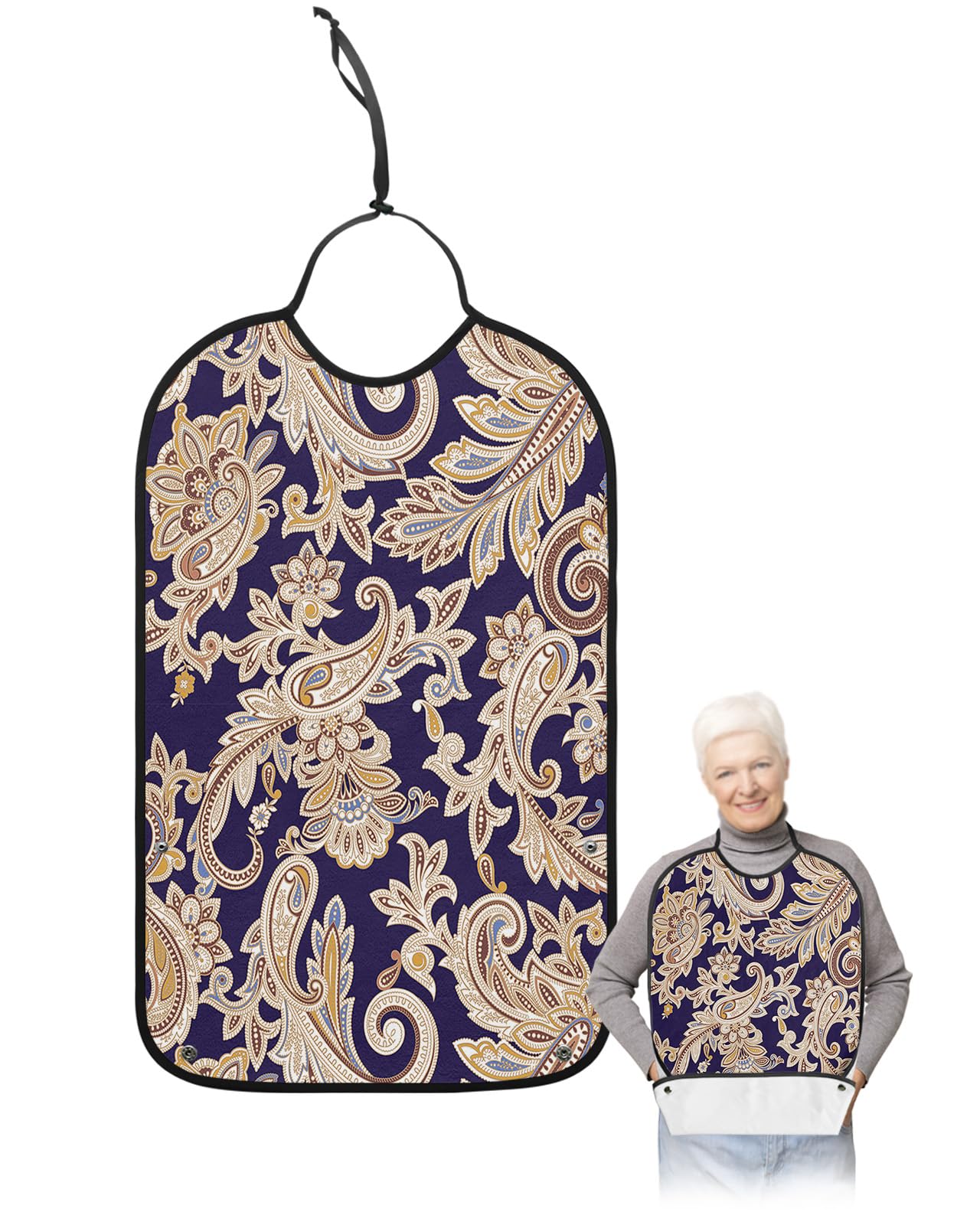 Kewadony Adult Bibs for Elderly Women - Luxurious Boho Florals Waterproof Dining Clothing Protectors with Crumb Catcher for Eating/Feeding, Vintage Flowers Terry Cloth Bib Machine Washable