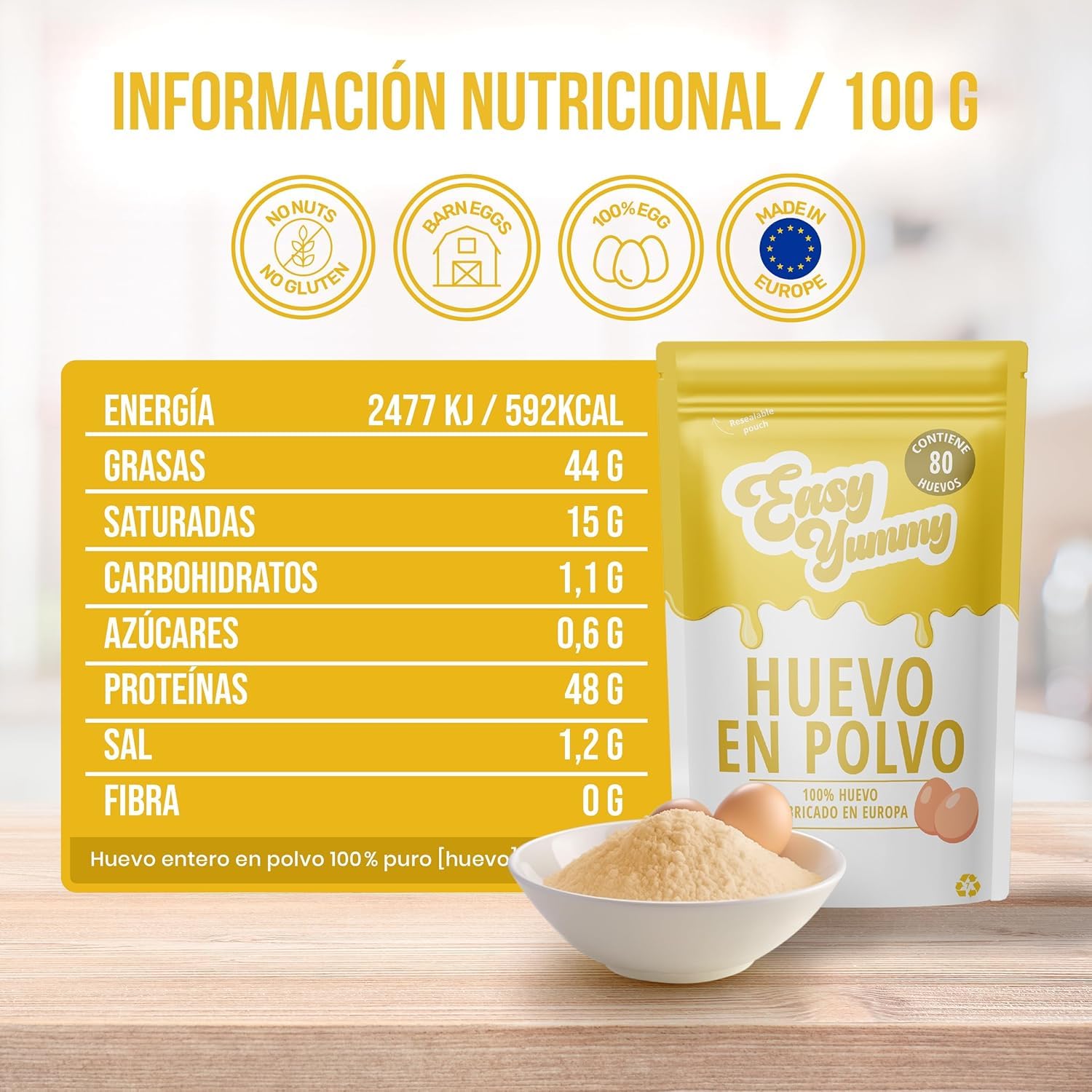 EASY YUMMY - Huevo Entero En Polvo (1 Kg), Ideal Para Huevos Revueltos, Cocinar Y Hornear, 100% Huevo En Polvo