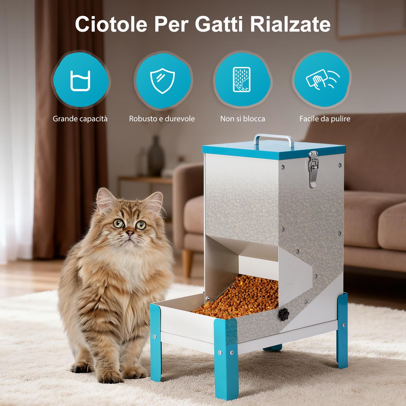 Distributore Automatico di Crocchette per Gatto 10L Ciotola Rialzata per Cani, Mangia secco in Metallo Rimovibile per Animali Domestici, Solido e Facile da Pulire