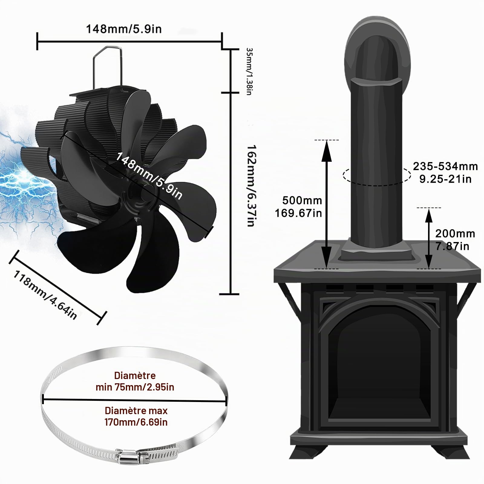 Ventilateur de Cheminée Magnétique à 6 Feuilles Sans électricité,Alimenté par la Chaleur,Respectueux de l'environnement Sur la Cheminée