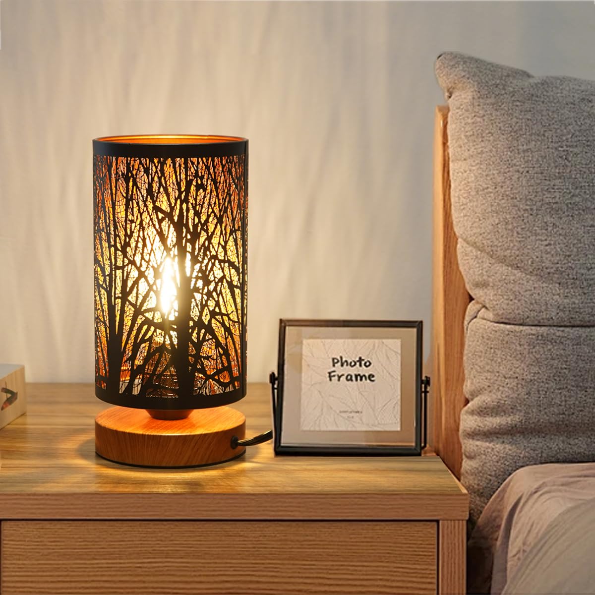 HAITRAL Bedside Table Lamp - Modern Nightstand Lamp With Linen Fabric Shade Wooden Desk Lamps For Bedrooms, Office, College Dorm, Dinning Room, Girls Room - 16 Inches (HT-AD005 - View #4