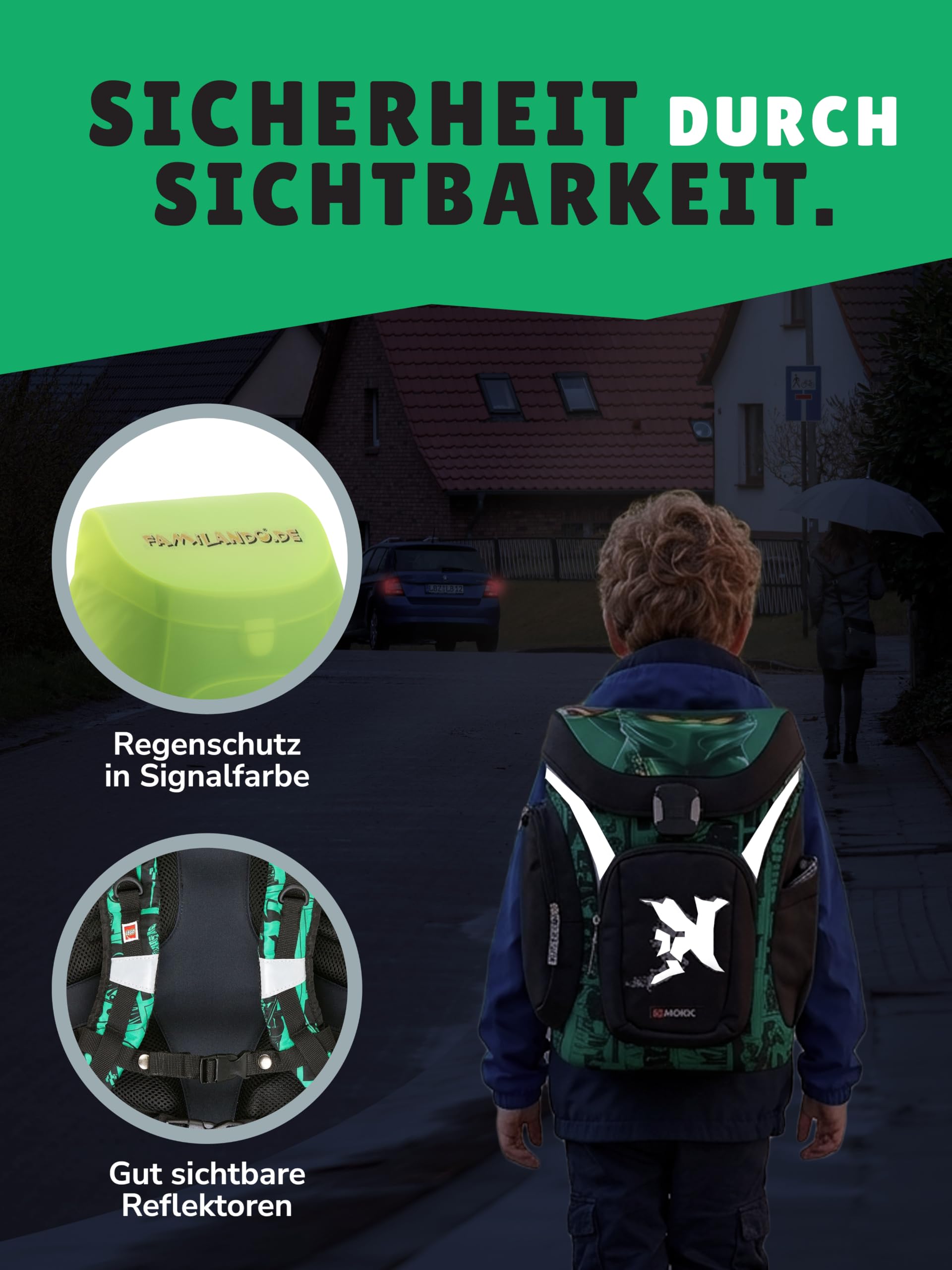 Familando - Schulranzen Set 8-teilig mit Lunch-Set - Ninjago Grün - Ergonomisch, stabil & mit gepolstertem Rücken - 1250g leicht mit 16L Volumen - wasserabweisend und mit Reflektoren - Ab 1. Klasse