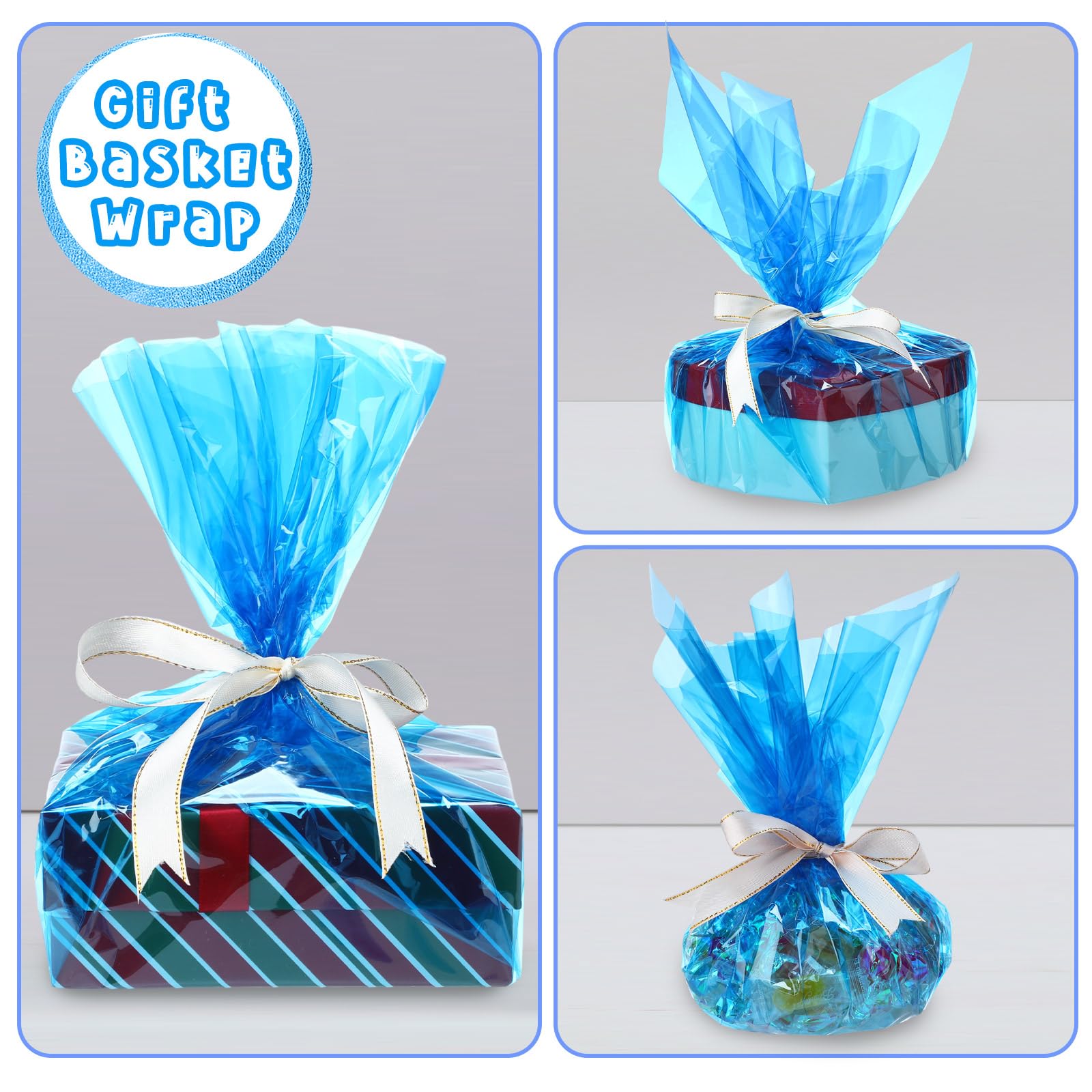Seajan Rollo de celofán azul transparente de 32 pulgadas x 200 pies, papel de regalo de celofán azul transparente, película de color para cestas de flores, ramo de bricolaje, dulces de Navidad,