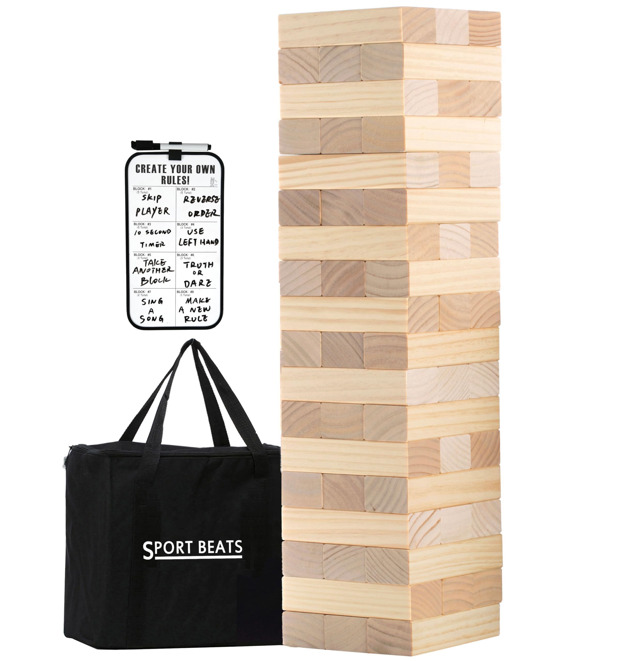 Outdoor Games Large Tumble Tower 54 Wood Blocks Stacking Game, 5 FT Tall | Numbered Blocks with Dry-Erase Rules Board & Carry Bag, Outdoor Backyard Lawn Games for Family Adults, Camping, Tailgating
