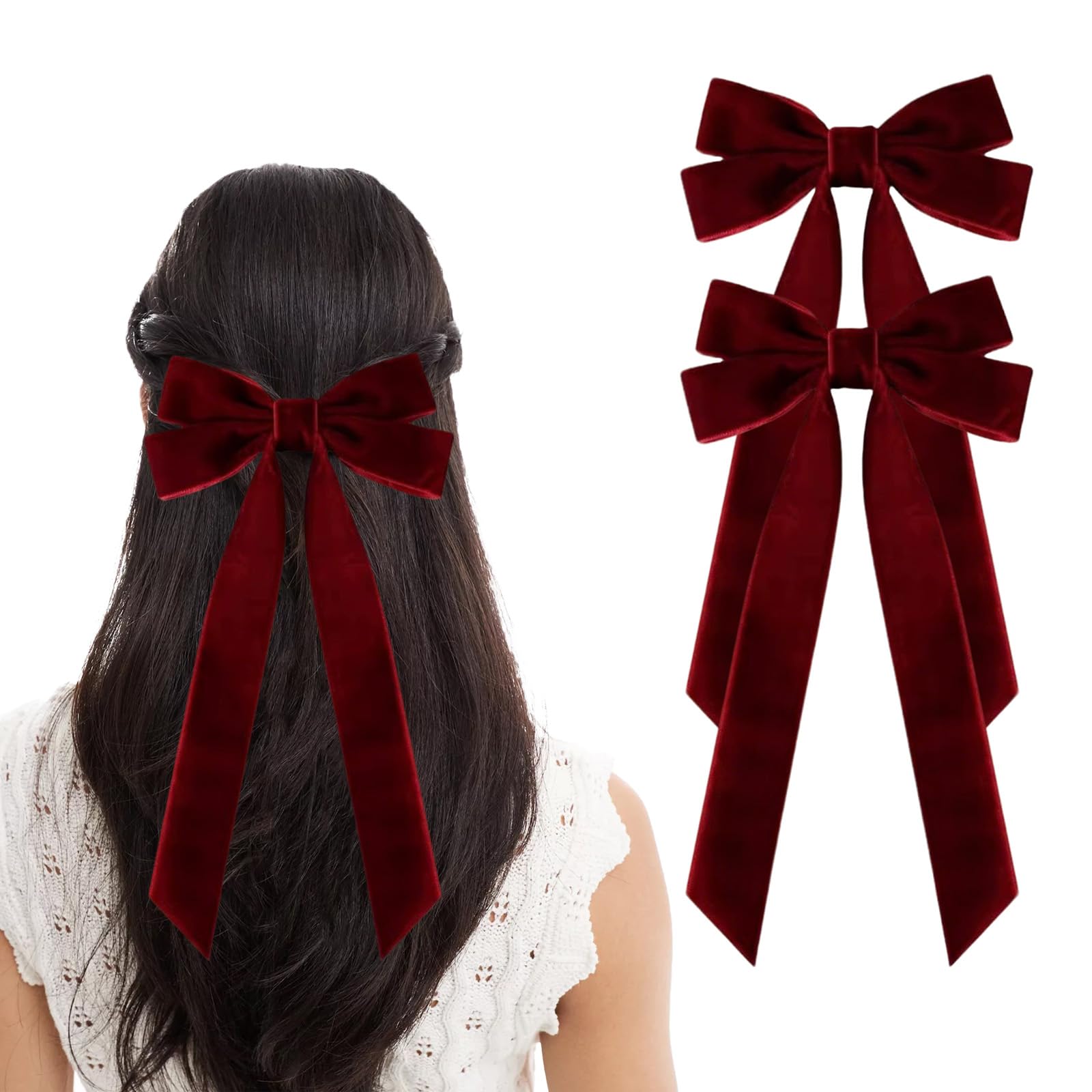 2Pcs Red Hair Bow, Burgundy Velvet Hair Bow for women Solid Color Bowknot Clips for Girl Accessories Christmas Bows