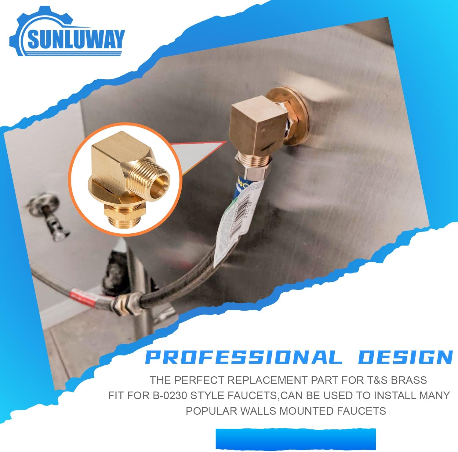 B-0230-K Brass Wall Mount Faucet Installation Kit for T&S B-0230 Style Faucets Replacement Kit Includes 2 Short Elbows, Nipples, Lock Nuts, Washers That Provide 1/2" NPT Male Inlet and Outlet - 2PCS - Image 2