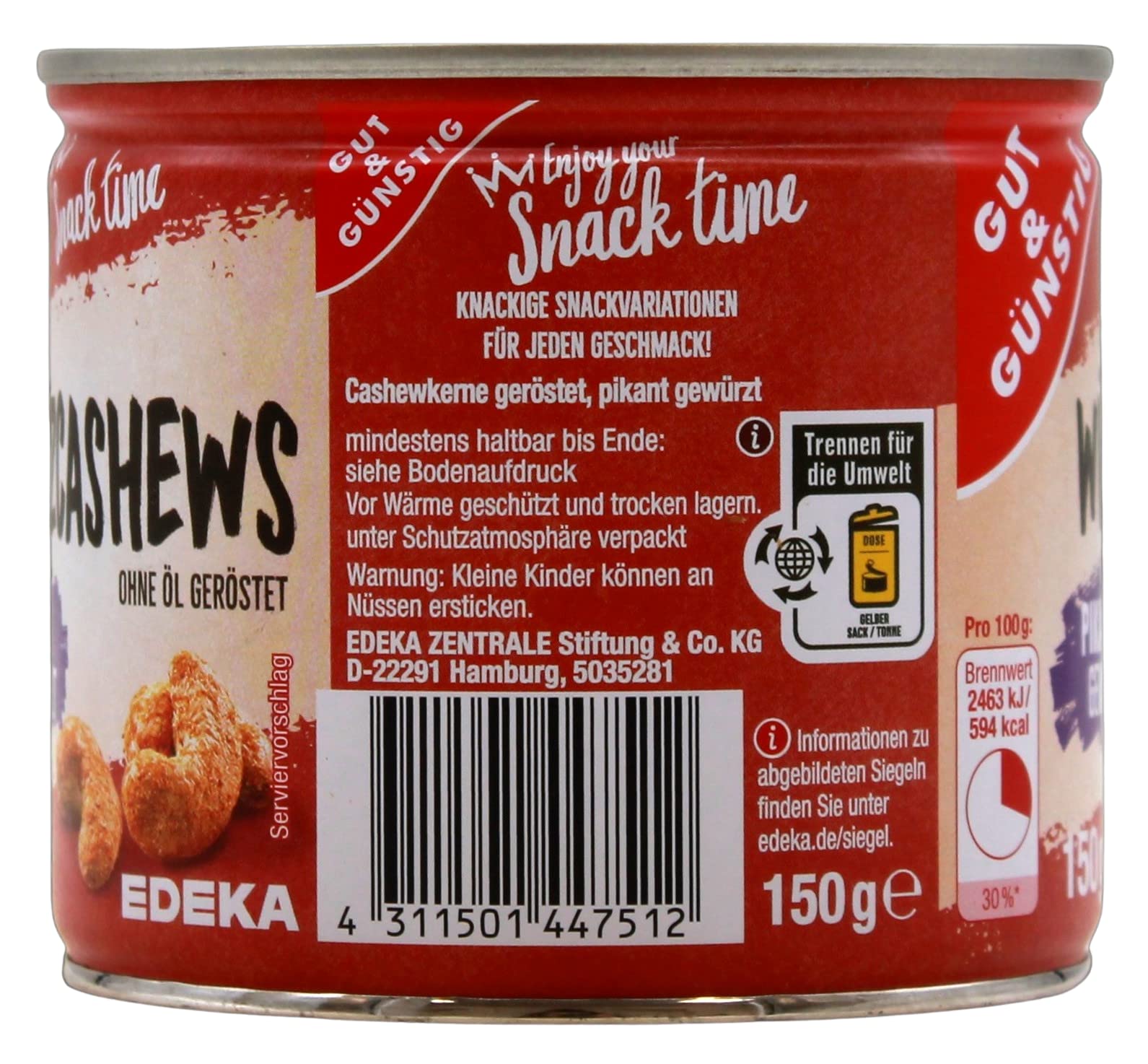 Gut & Günstig Würzcashews pikant gewürzt, 30er Pack (30 x 150g)